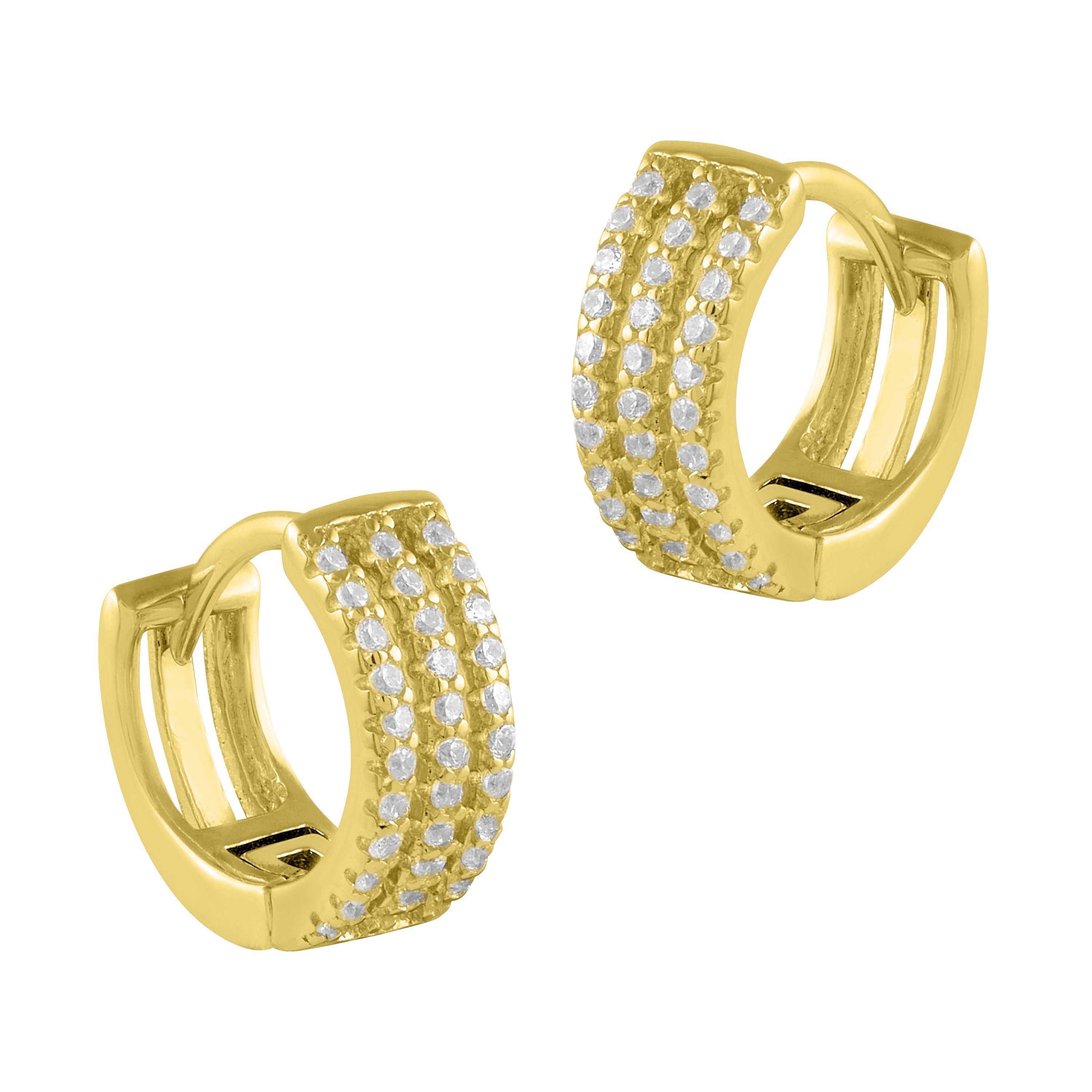 Pendientes criollas de oro amarillo con circonitas blancas, elegantes y brillantes, perfectos para cualquier ocasión.