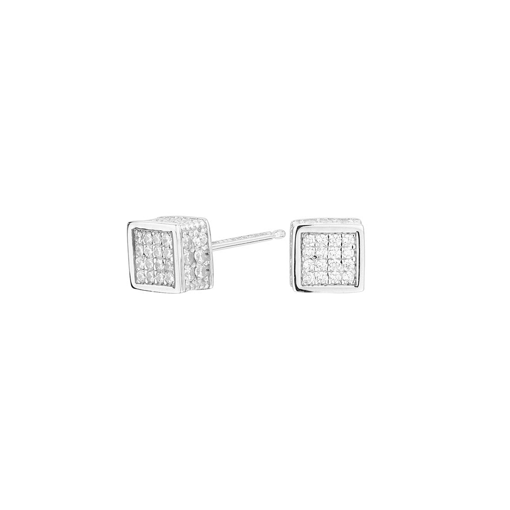 Pendientes Cube Cuadrado Plata con diseño geométrico y circonitas brillantes, elaborados en Plata de Ley 925.