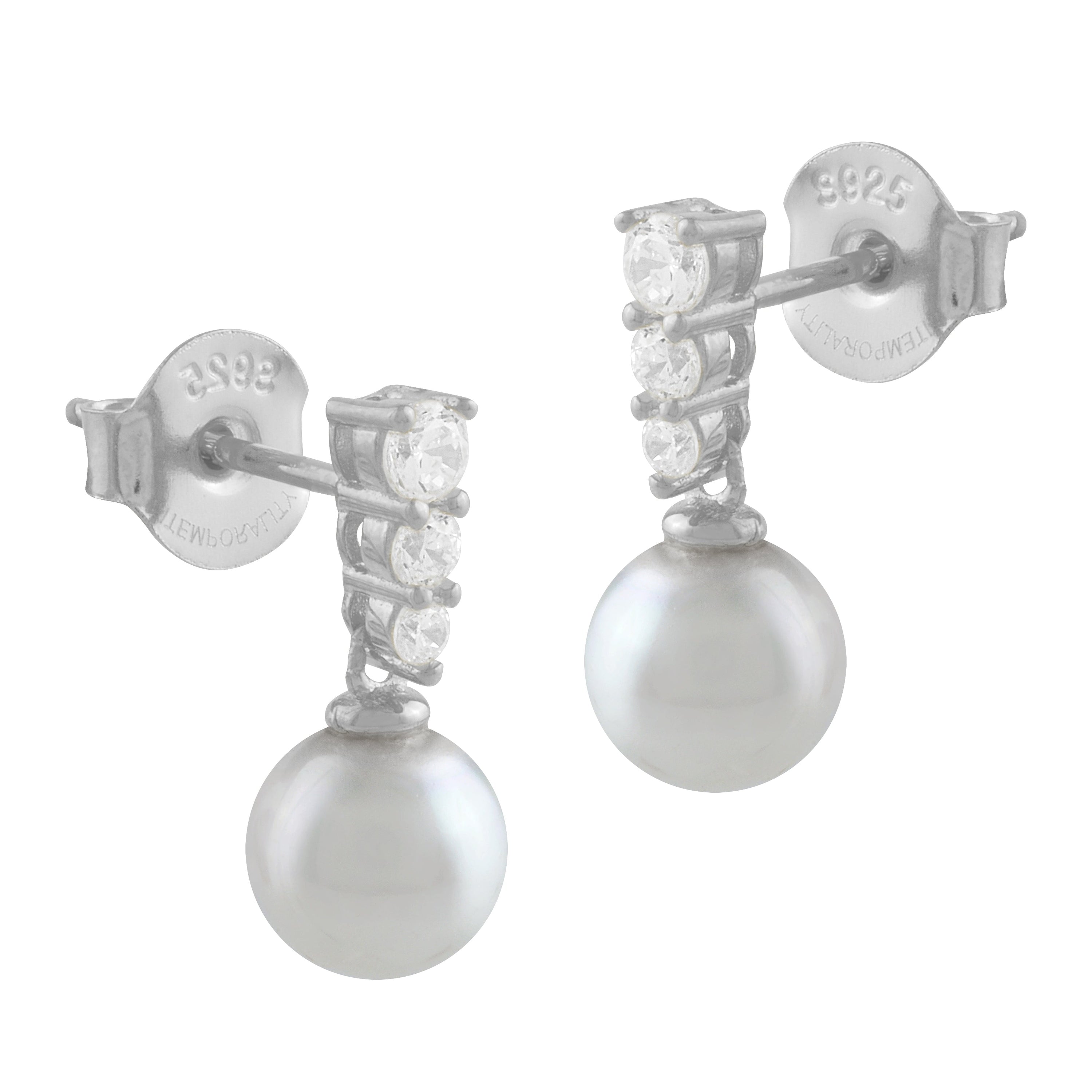 Pendientes de plata con perla blanca y circonitas brillantes, elegantes y sofisticados, perfectos para cualquier ocasión.