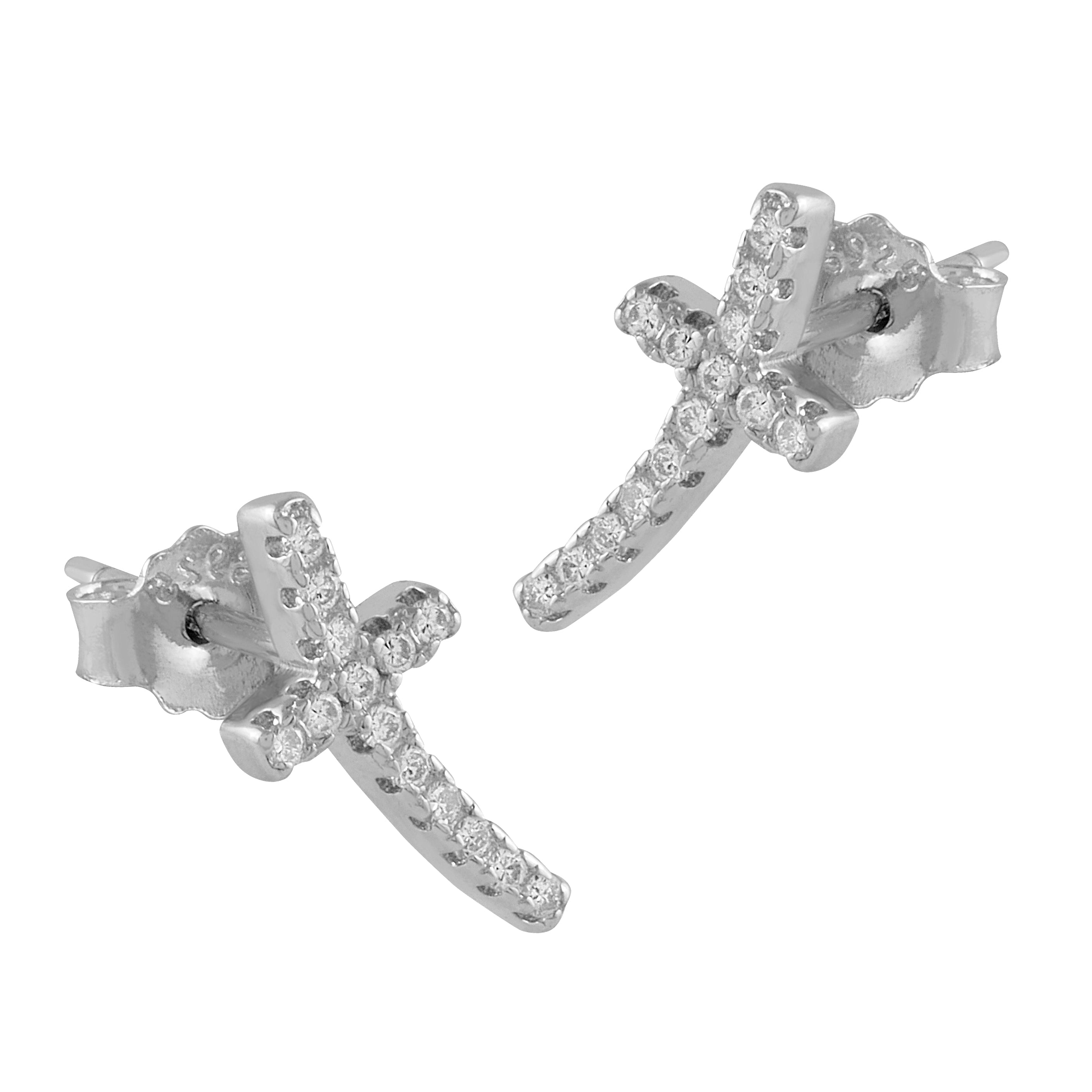 Pendientes de plata con circonitas en forma de cruz alargada, elegantes y sofisticados, perfectos para cualquier ocasión.