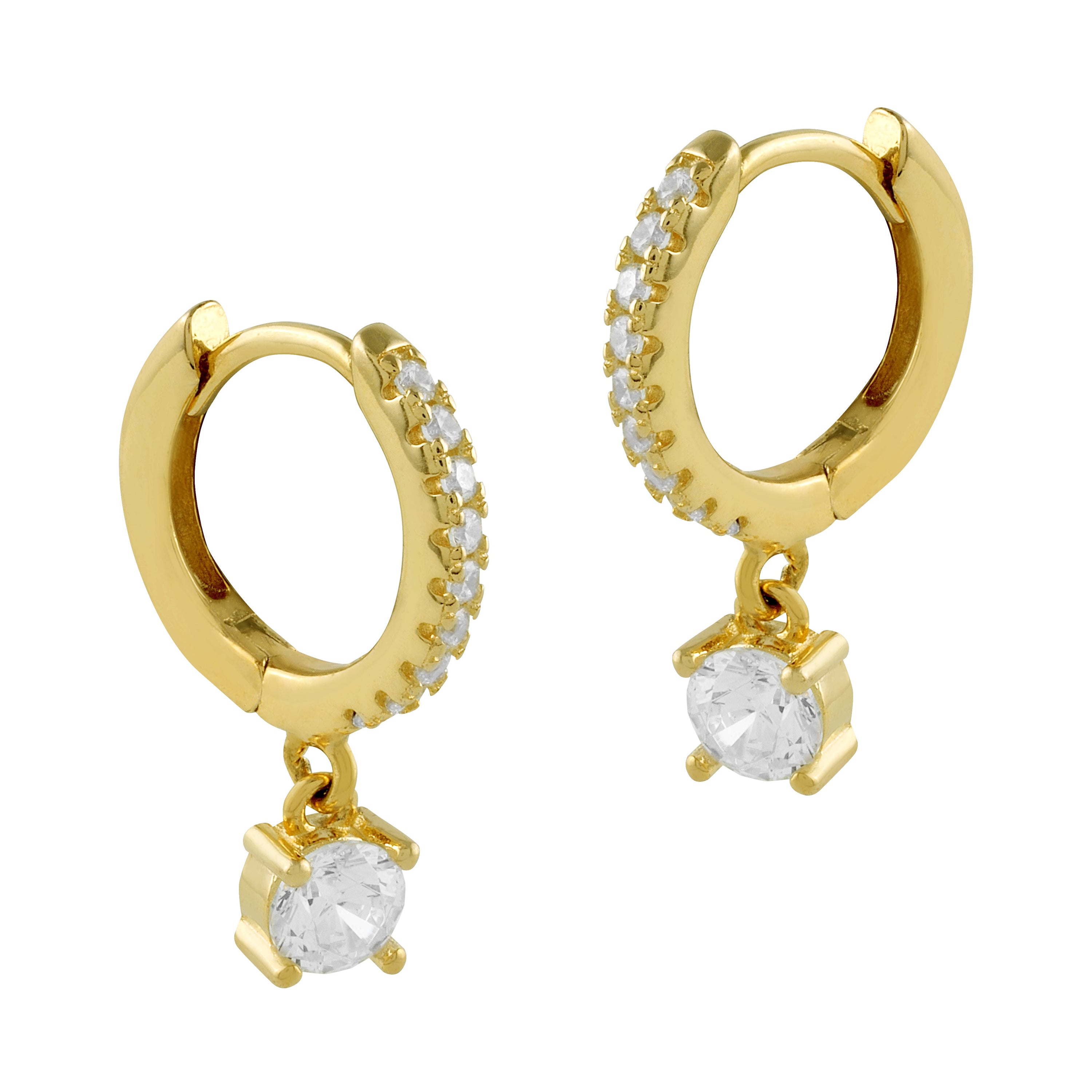 Pendientes elegantes de plata bañada en oro amarillo con circonitas blancas brillantes, perfectos para cualquier ocasión.