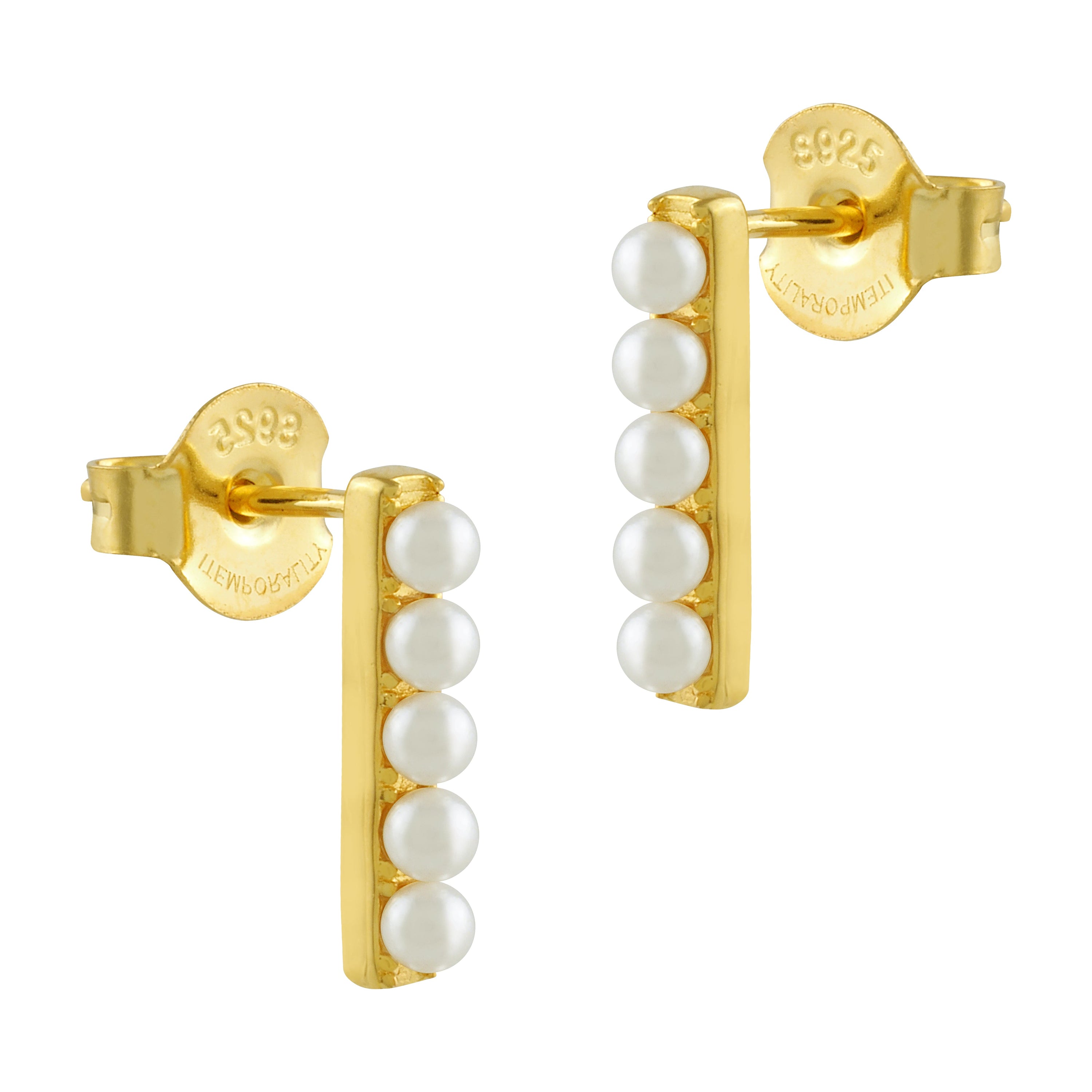 Pendientes elegantes de plata bañada en oro con perlitas alargadas, perfectos para ocasiones especiales.