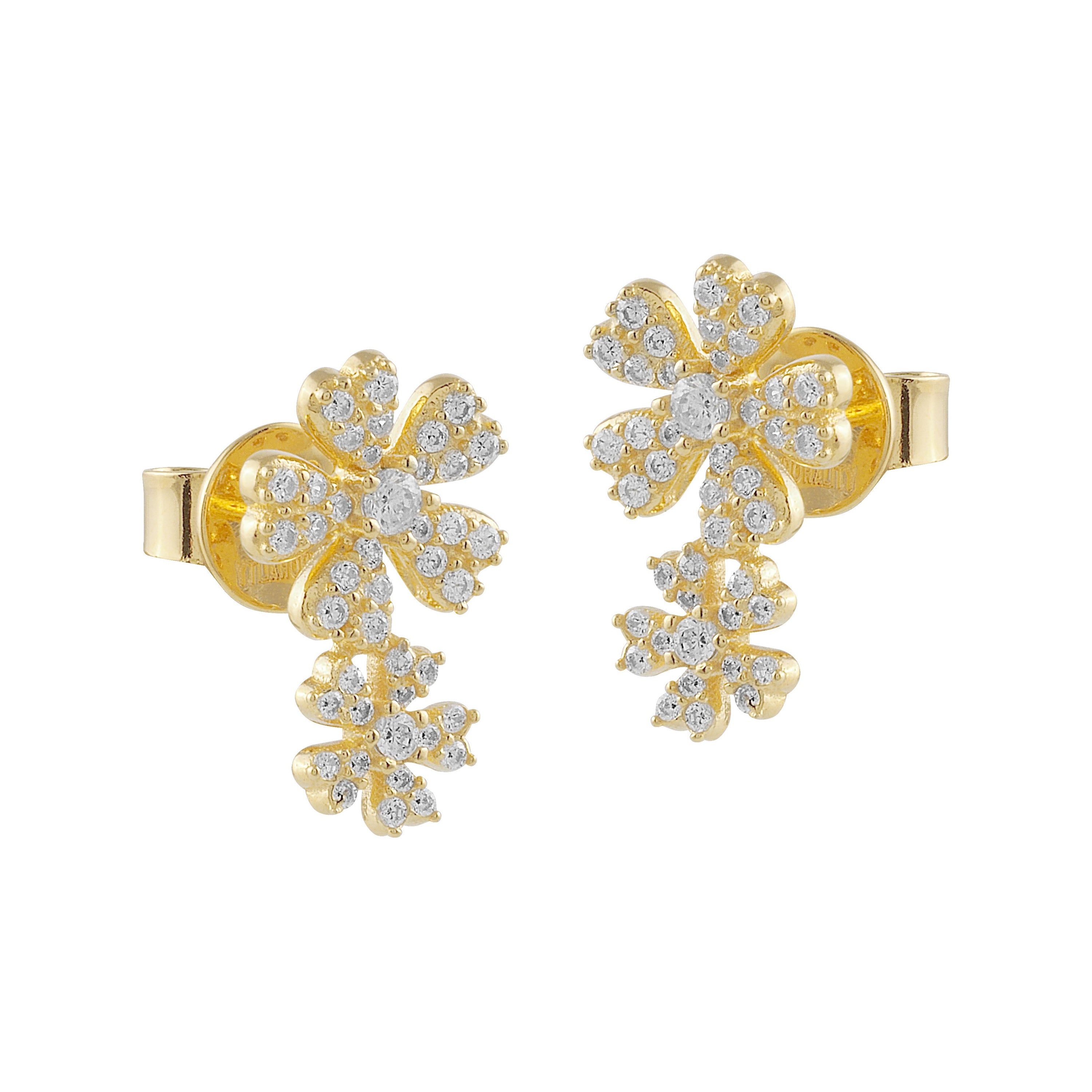 Pendientes de plata en forma de flor con circonitas blancas brillantes, bañados en oro amarillo, elegantes y delicados.