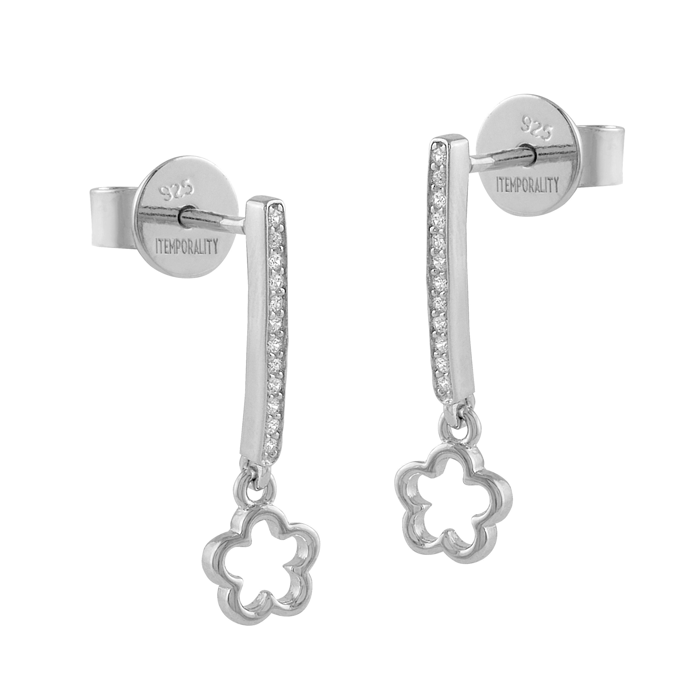 Pendientes largos de plata con diseño de flor y circonitas blancas brillantes, perfectos para ocasiones especiales.