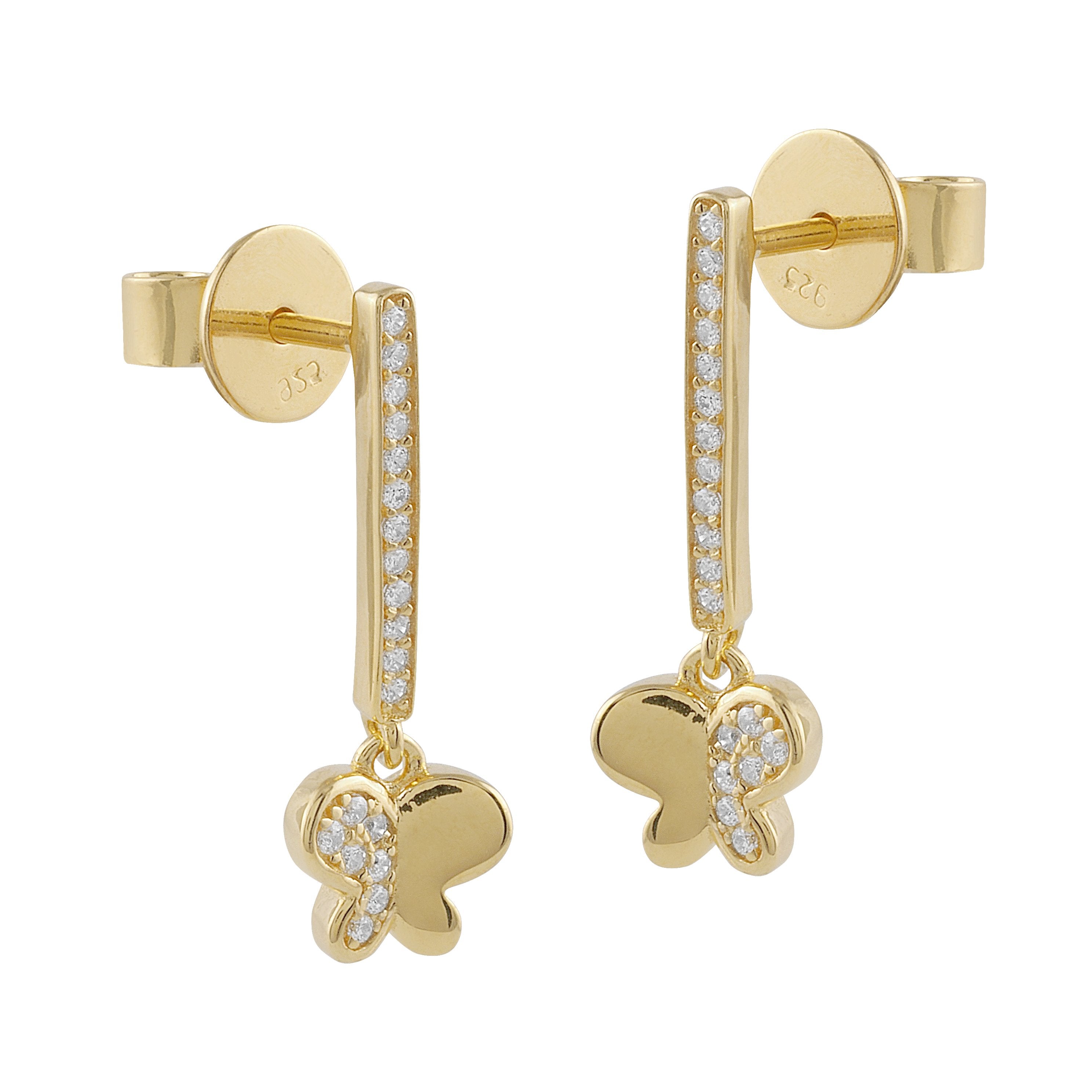 Pendientes largos de plata con diseño de mariposa, adornados con circonitas blancas brillantes, perfectos para ocasiones elegantes.