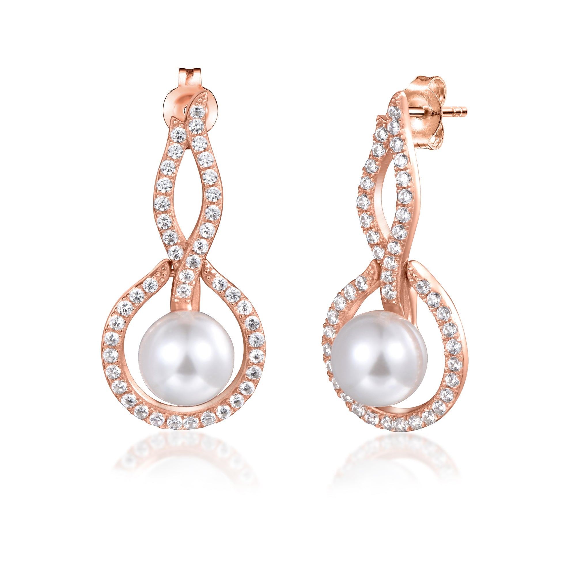 Elegant 925 sterling silver jewelry with 18K rose gold finish, featuring white sapphire and shell pearl.