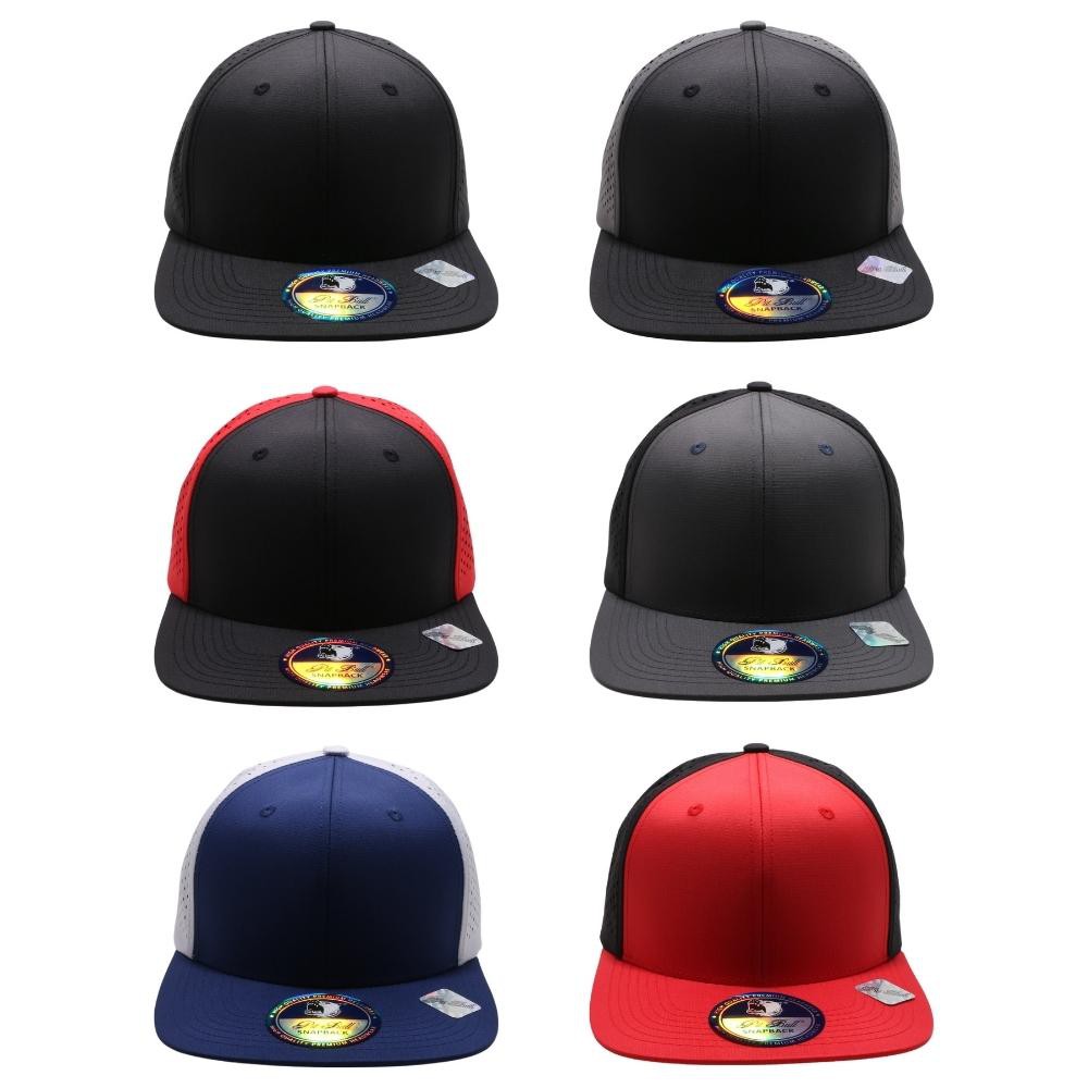 A pack of six perforated flat-bill snapback hats in various colors, showcasing their stylish design and high-quality material.