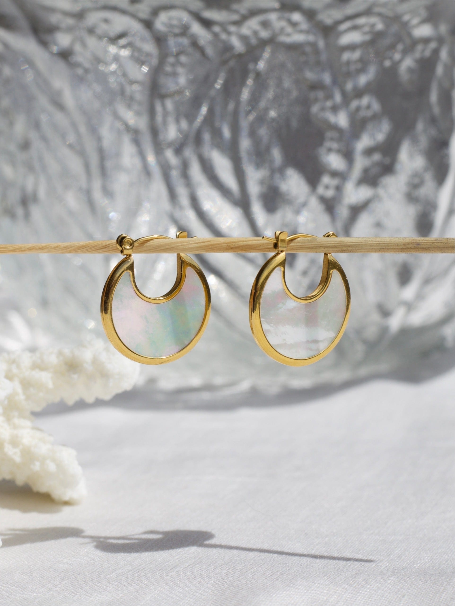 Peri Ocean Hoops featuring vibrant colors and gold accents, made from Mother of Pearl Shell and stainless steel.