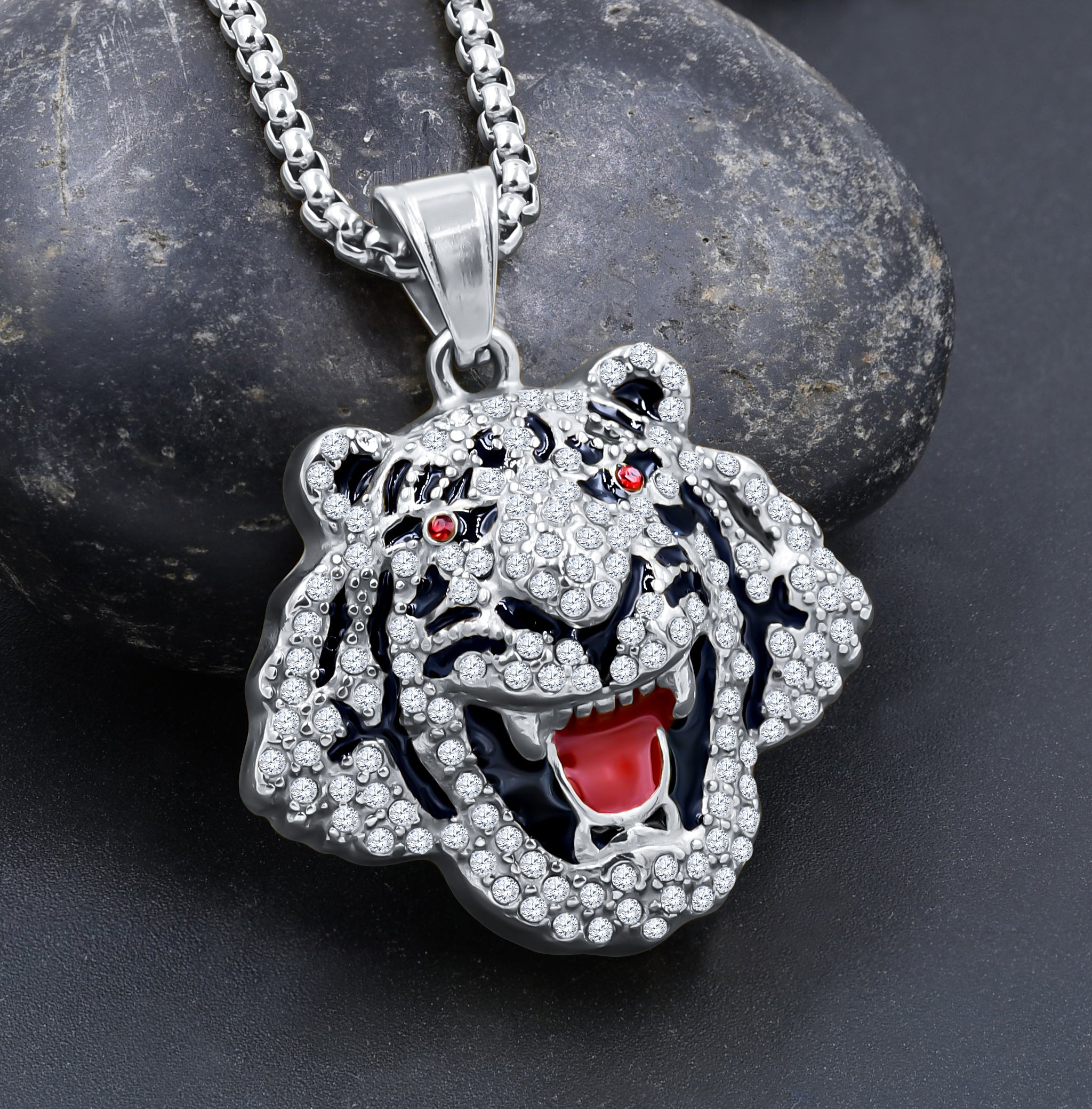 PERICOLO Stainless Steel Crystal Pendant featuring a lion face design with sparkling crystals, perfect for animal lovers.