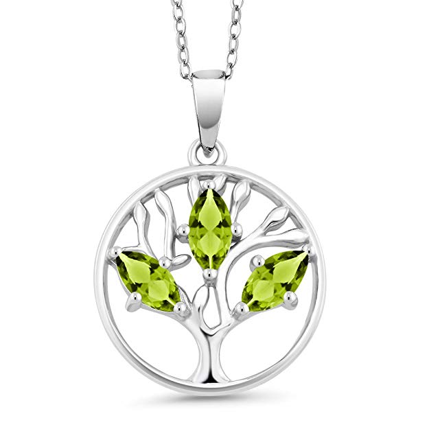 Peridot Trio Marquis Cut Tree of Life Necklace in 14K White Gold featuring three green marquis cut stones and an elegant design.