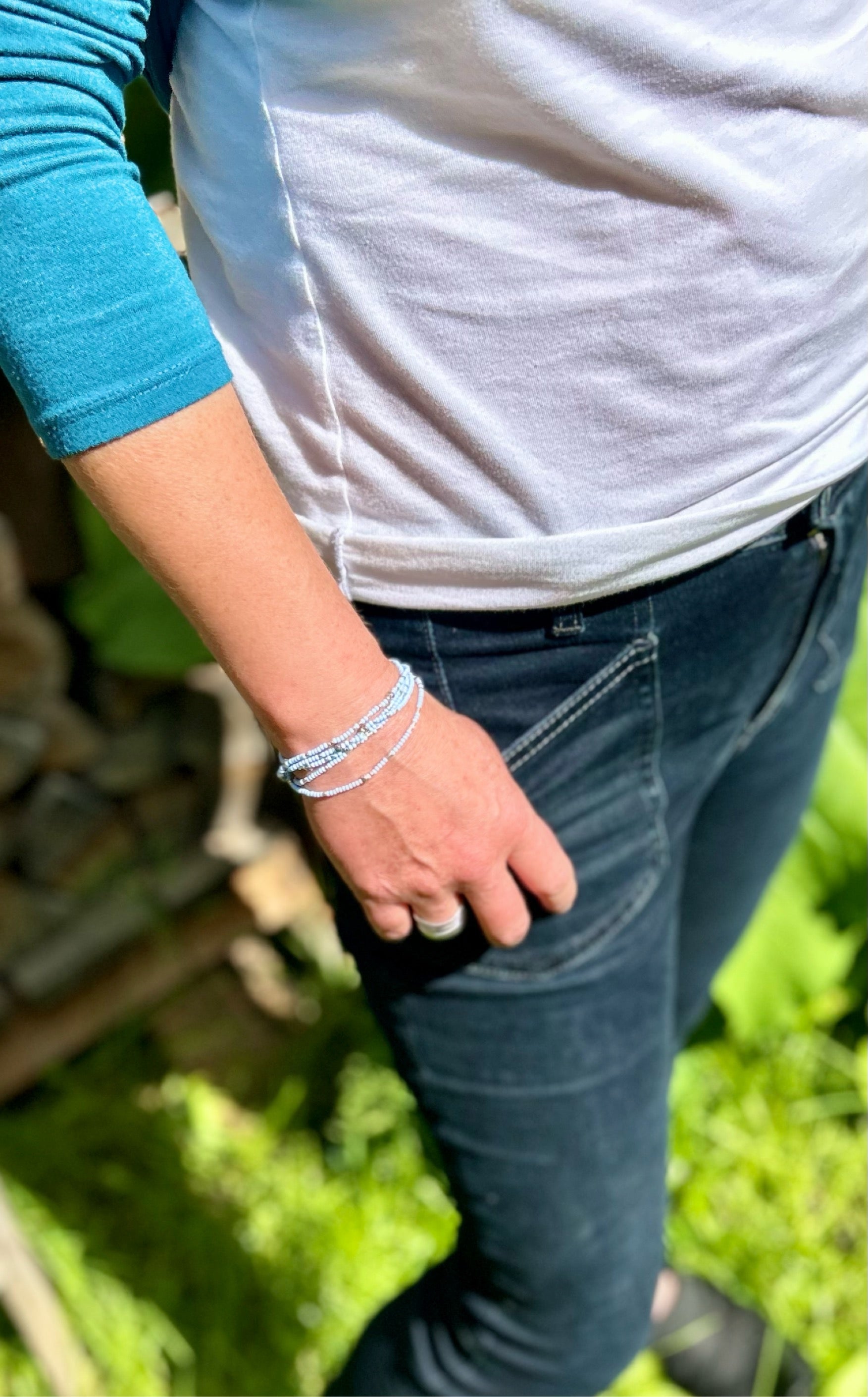 Periwinkle Silver-Sprinkle Beaded 5-Wrap Bracelet featuring Czech glass seed beads and metallic silver accents.