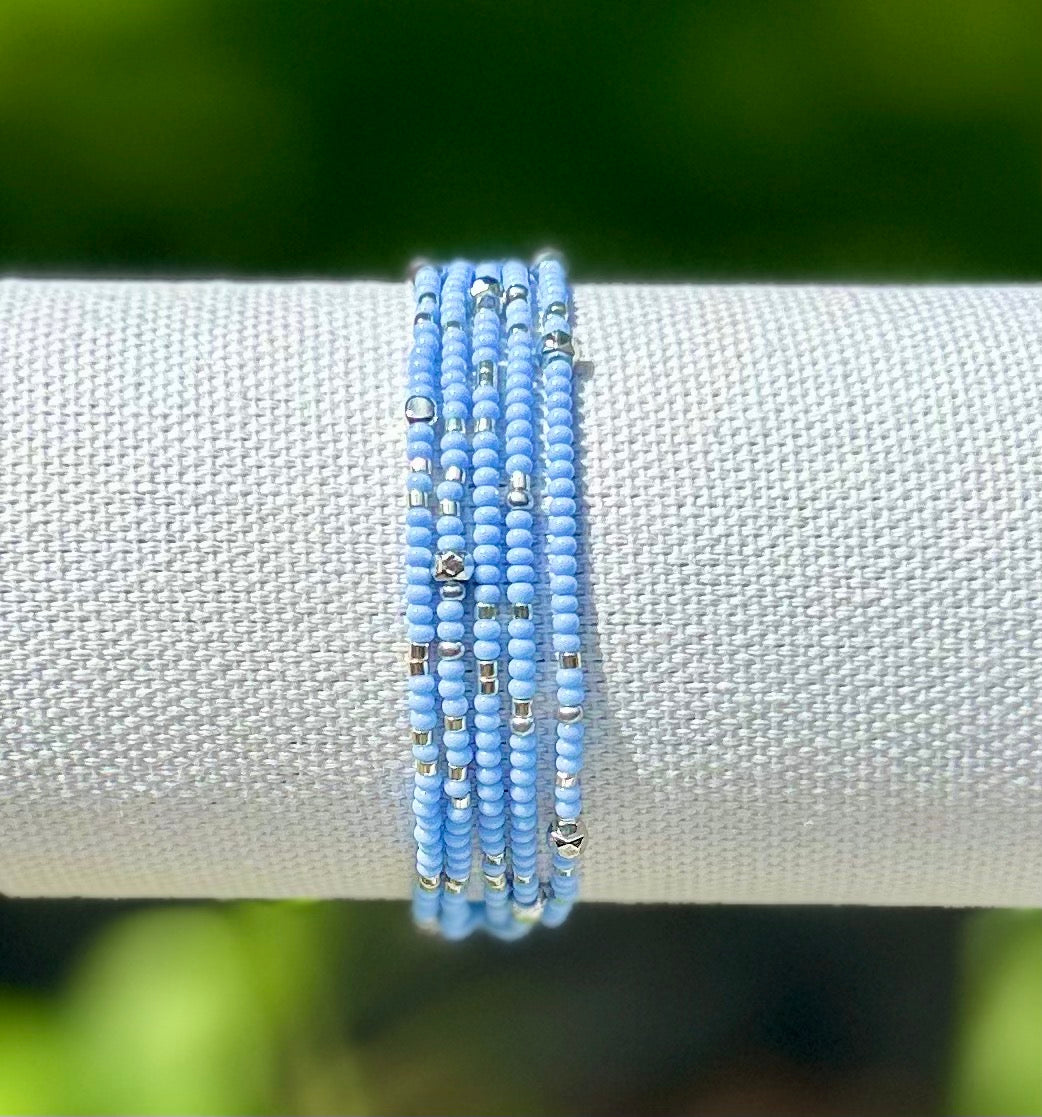 Periwinkle Silver-Sprinkle Beaded 5-Wrap Bracelet featuring Czech glass seed beads and metallic silver accents.