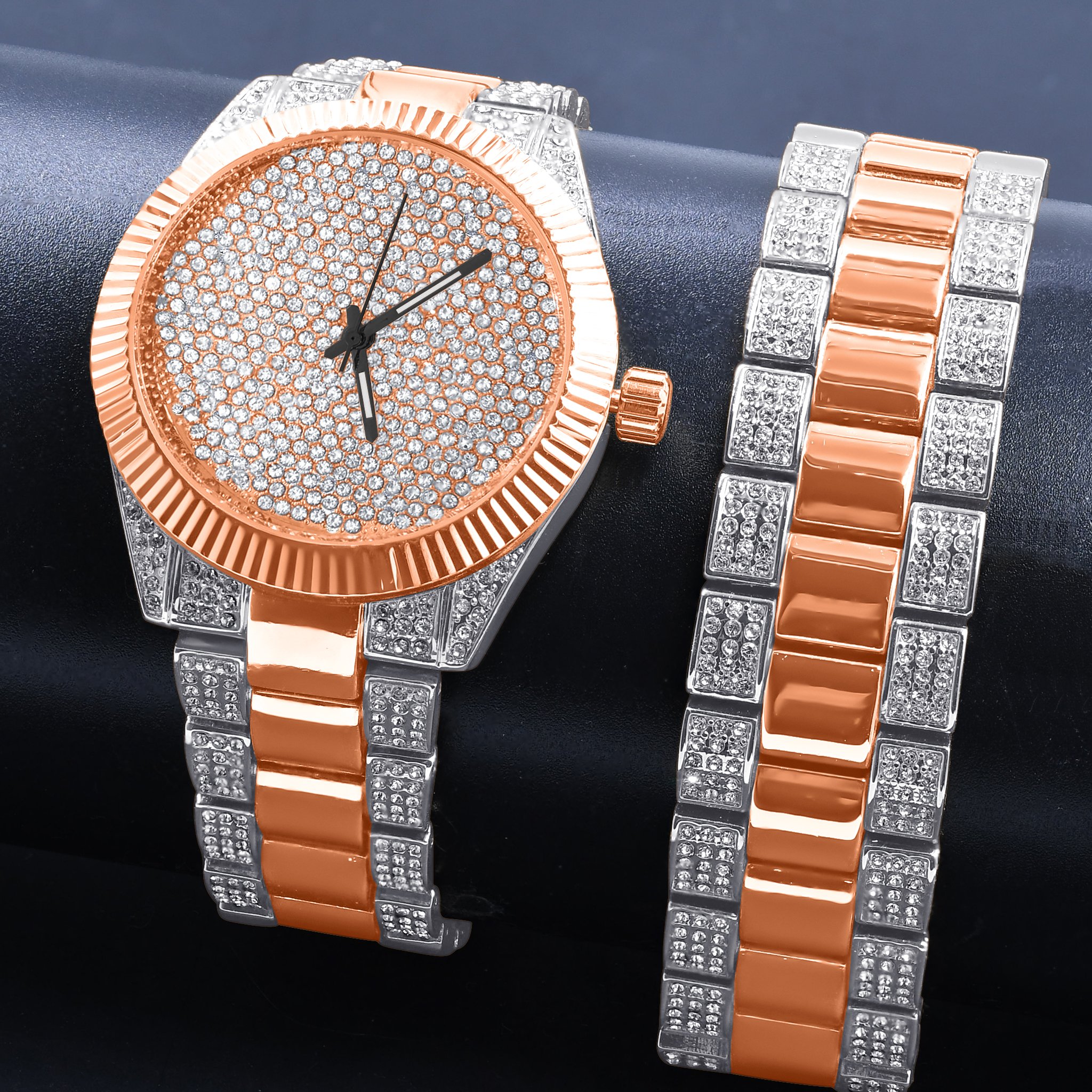 Personified Ultra Bling Watch featuring a glimmering dial, polished metal border, and pave set gems, showcasing luxury and elegance.