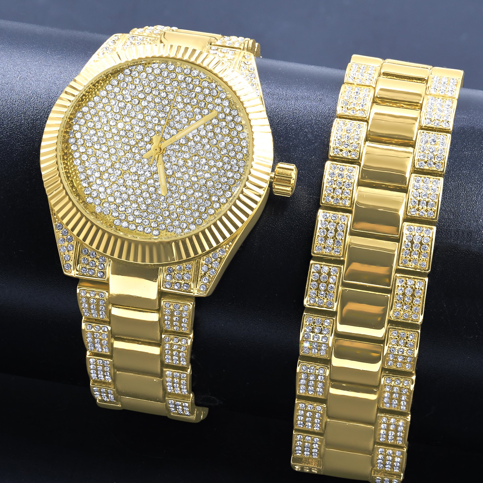 Personified Ultra Bling Watch featuring a glimmering dial, polished metal border, and pave set gems, showcasing luxury and elegance.