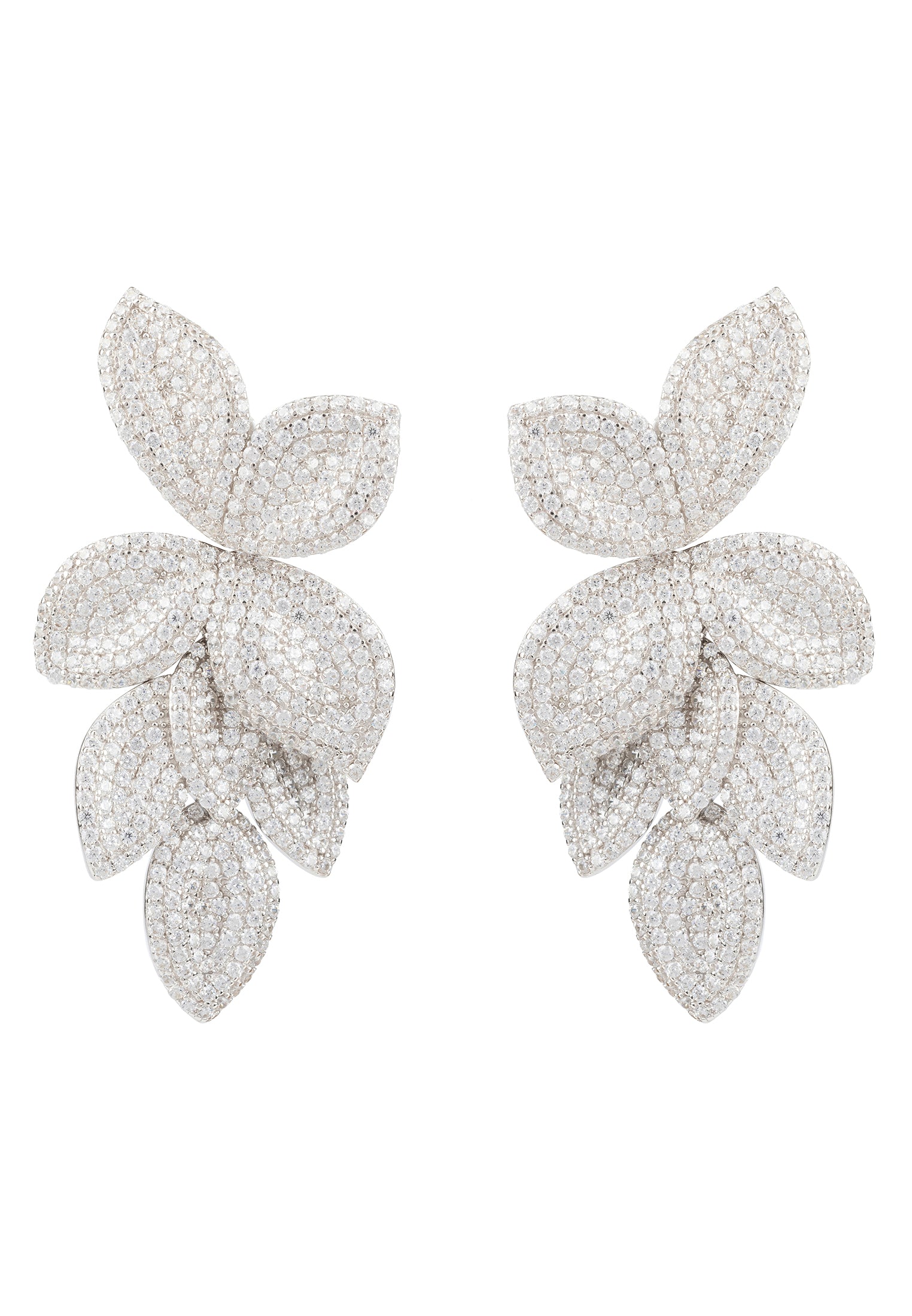 Elegant silver earrings featuring cascading flower design with zircon embellishments, perfect for special occasions.