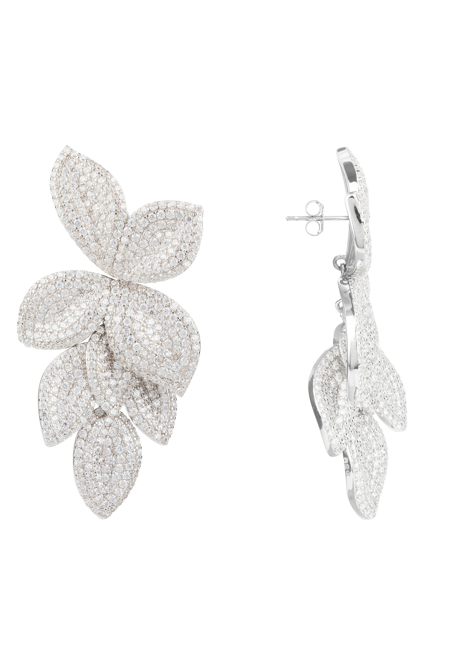 Elegant silver earrings featuring cascading flower design with zircon embellishments, perfect for special occasions.