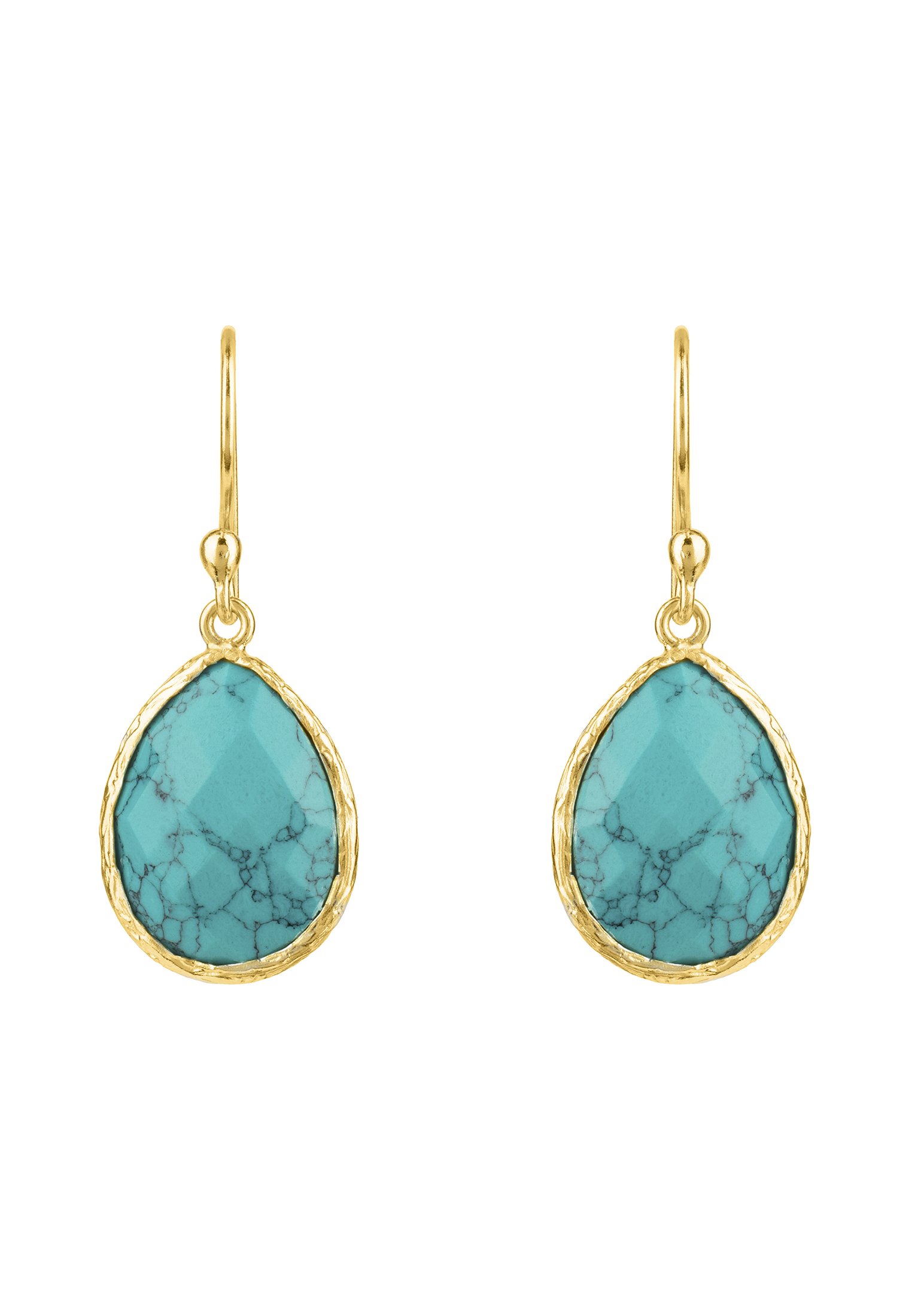 Petite drop earrings featuring Arizona turquoise set in textured gold, showcasing unique veining and elegant design.