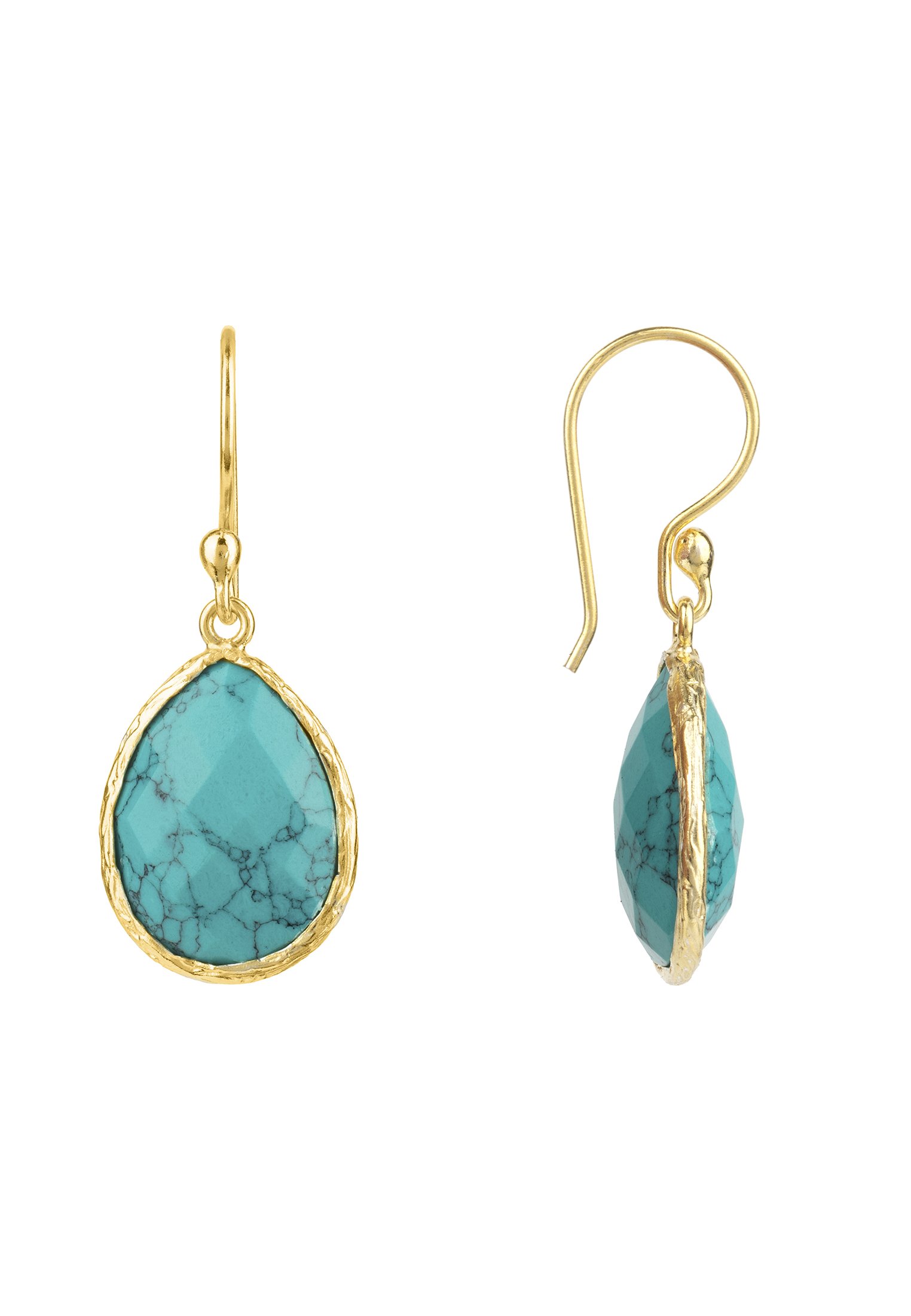 Petite drop earrings featuring Arizona turquoise set in textured gold, showcasing unique veining and elegant design.