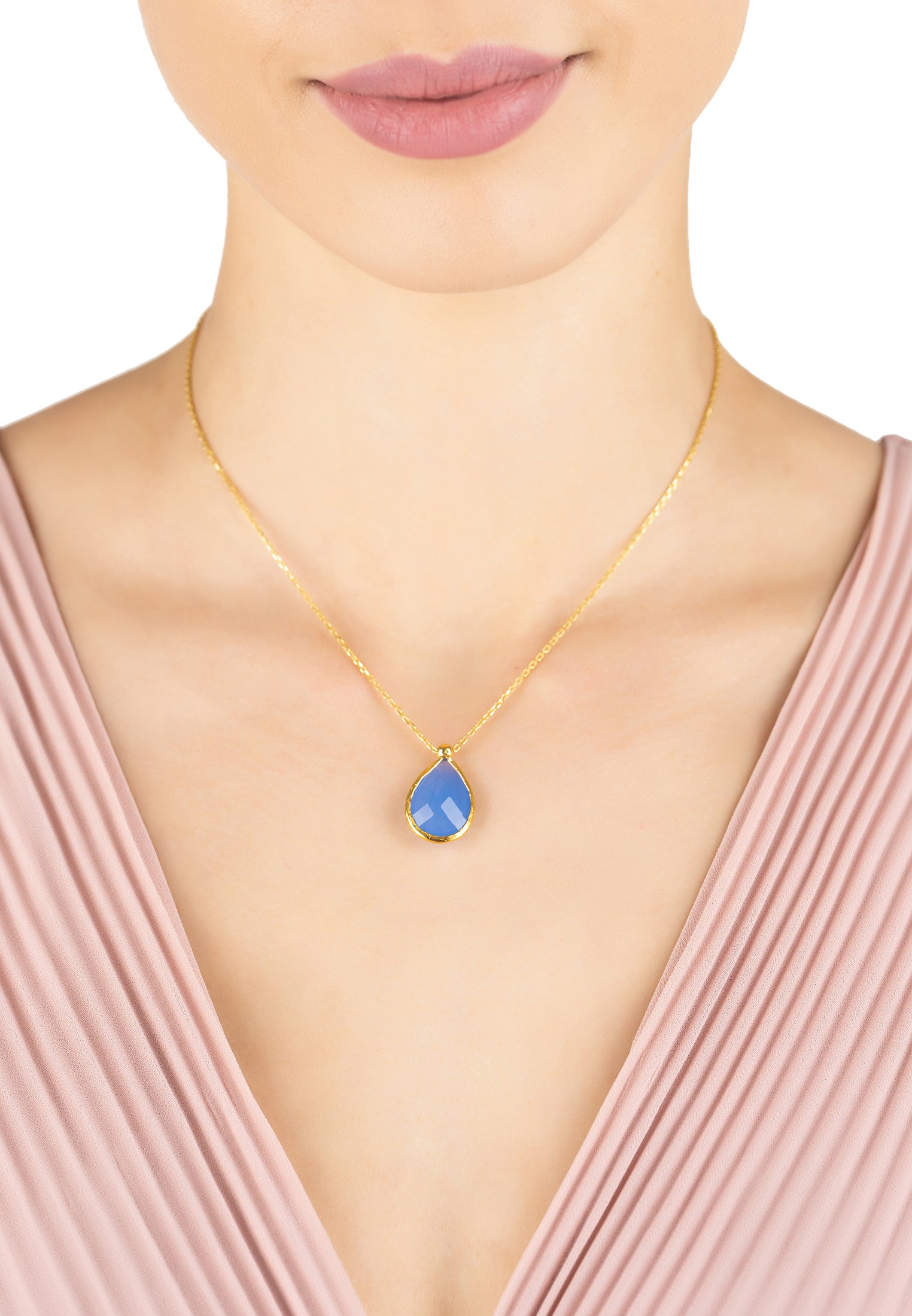 Elegant Petite Drop Necklace in Gold featuring a Dark Blue Chalcedony gemstone, beautifully crafted with a teardrop design.