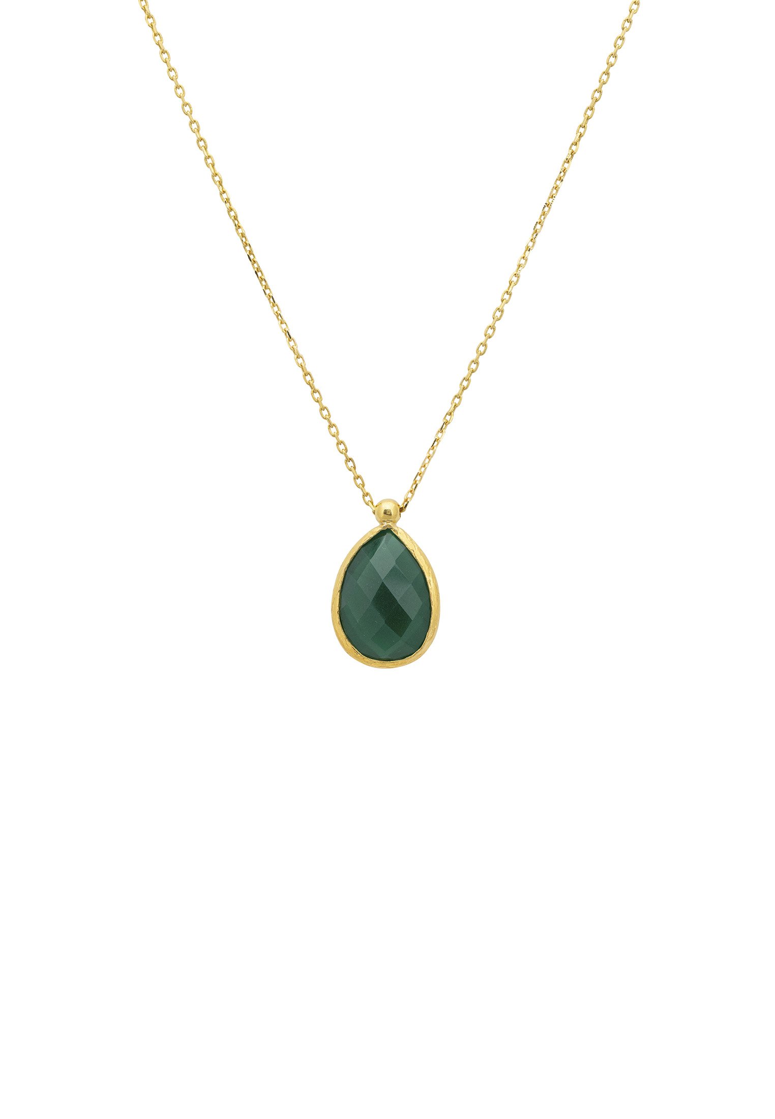 Petite Drop Necklace featuring a teardrop green onyx gemstone set in 22ct gold dipped 925 sterling silver, elegantly designed for everyday wear.