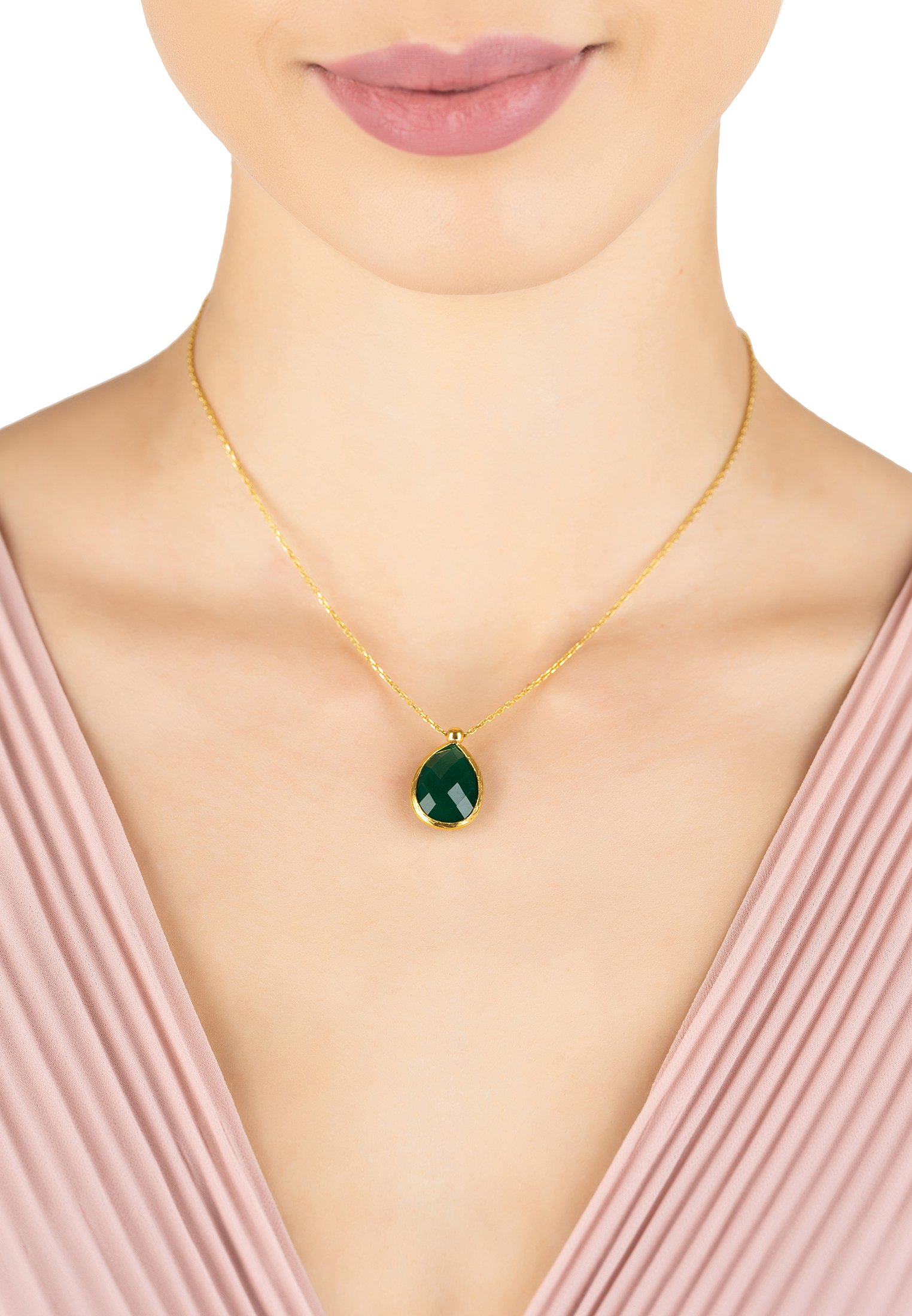 Petite Drop Necklace featuring a teardrop green onyx gemstone set in 22ct gold dipped 925 sterling silver, elegantly designed for everyday wear.