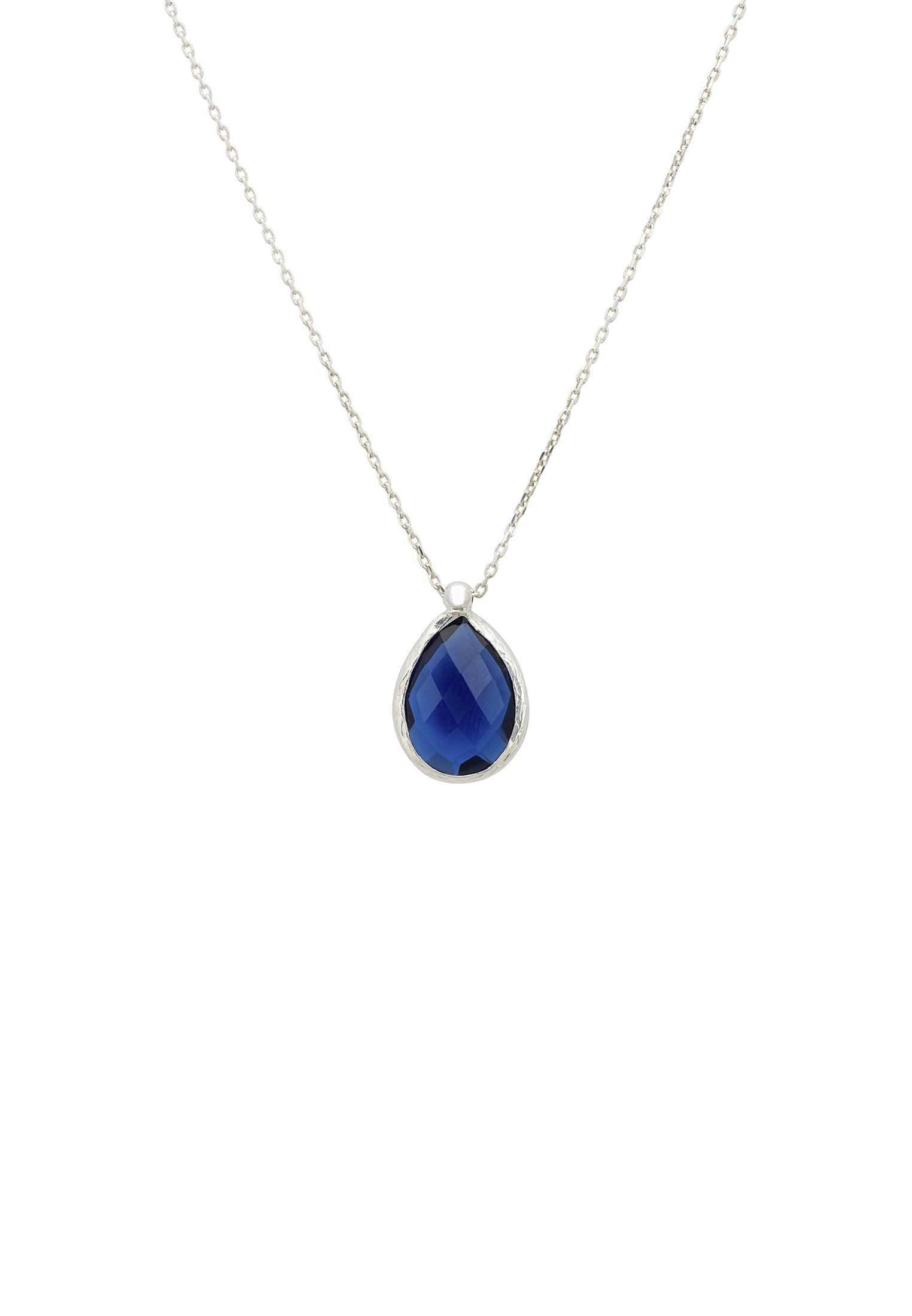 Petite Drop Necklace in Silver featuring a vibrant Sapphire Hydro gemstone, elegantly designed with a teardrop shape and adjustable chain.