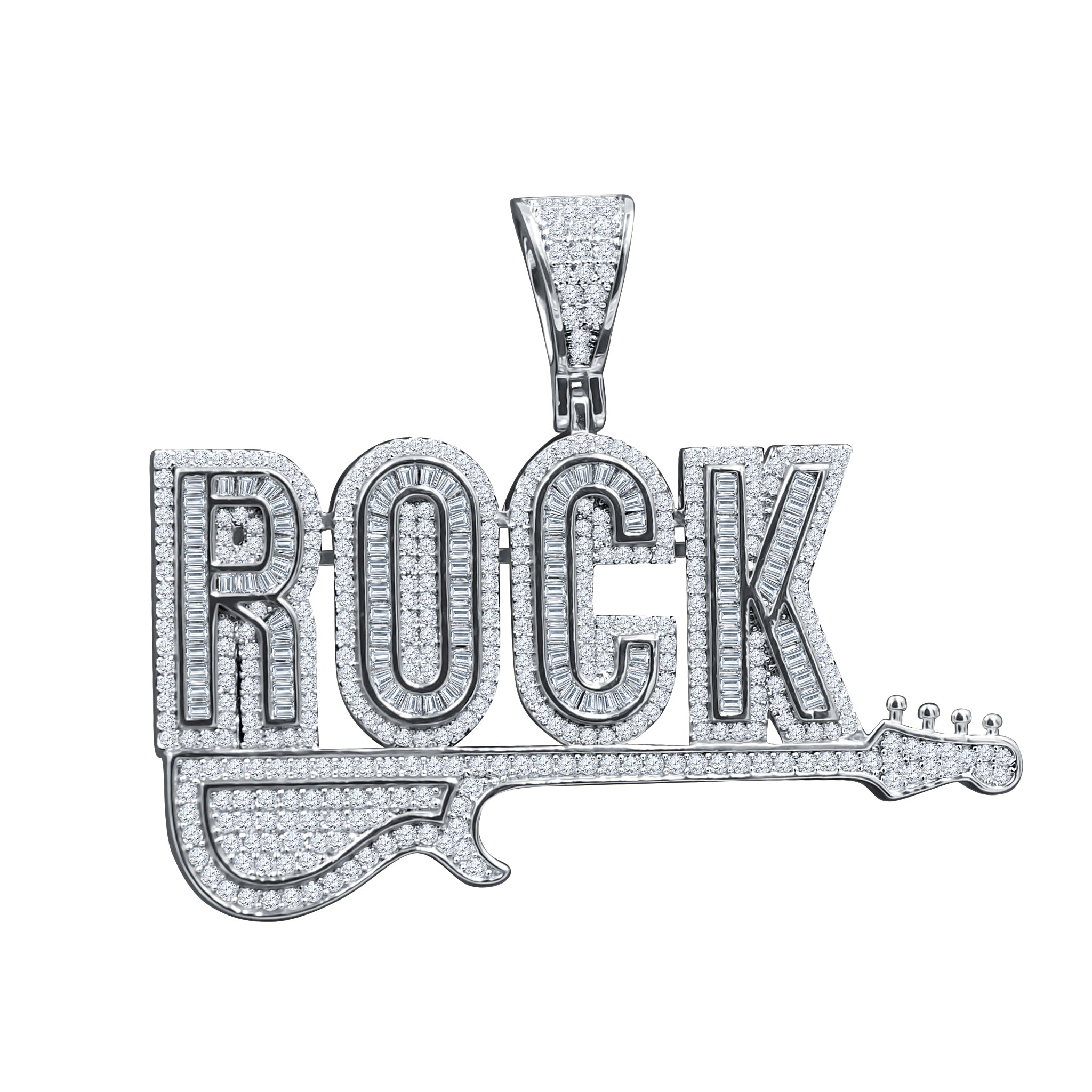 PETRA Sterling Silver Pendant featuring a guitar design adorned with sparkling cubic zircon stones, showcasing its elegant craftsmanship.