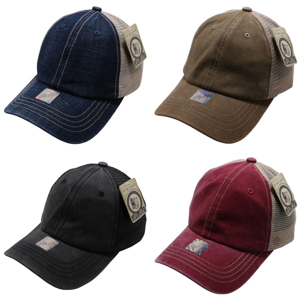 A pack of 6 pigment dyed trucker hats in various colors, showcasing their stylish design and comfortable fit.