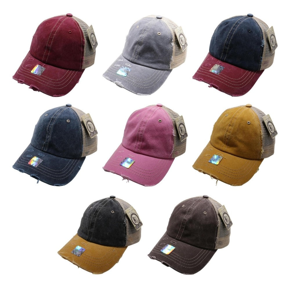 A pack of 6 Pigment Vintage Mesh Trucker Hats in various colors, showcasing their mid-profile design and curved visor.