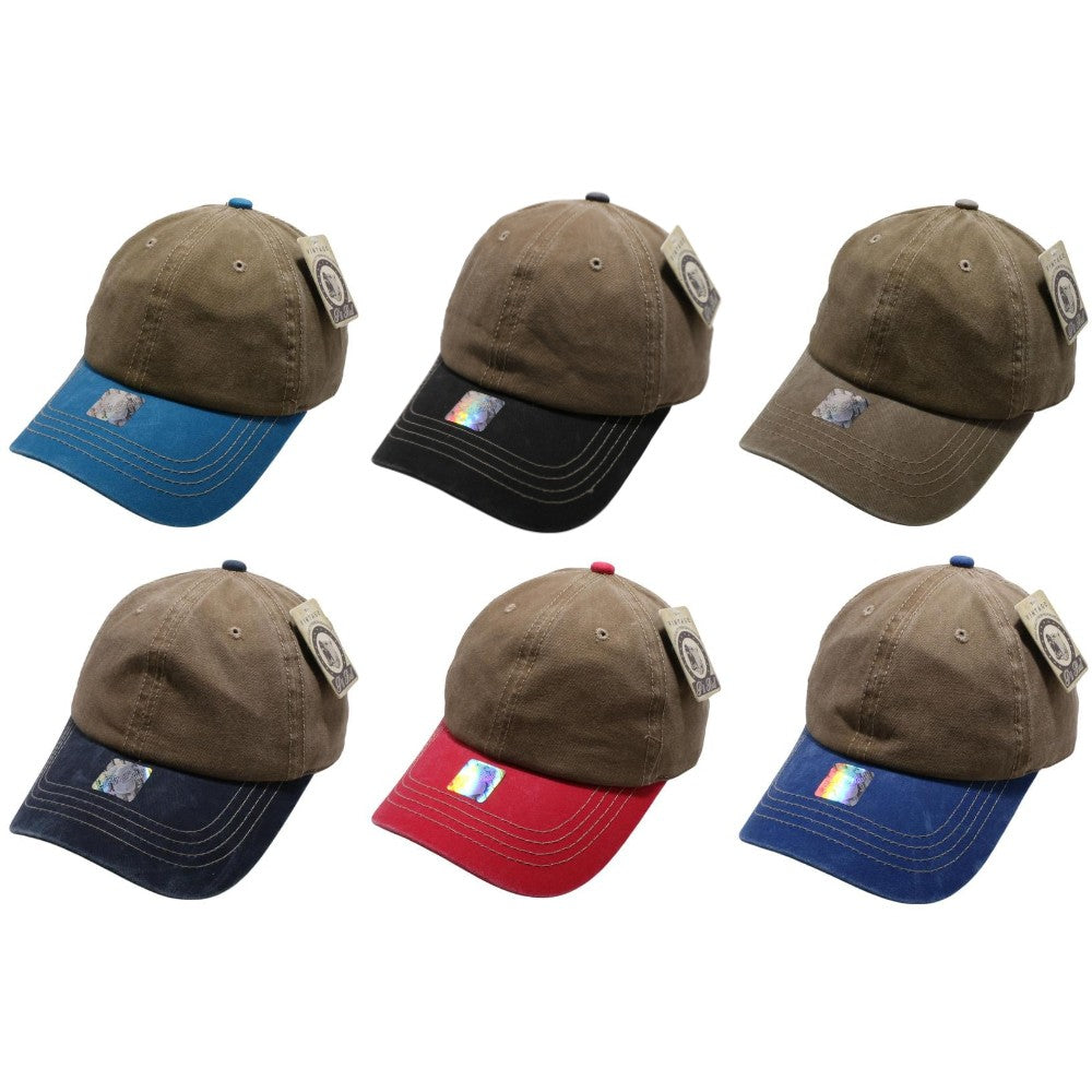 Pigment Washed Cotton 2 Tone Buckle Strap Hat in various colors, featuring a low profile design and antique brass buckle closure.