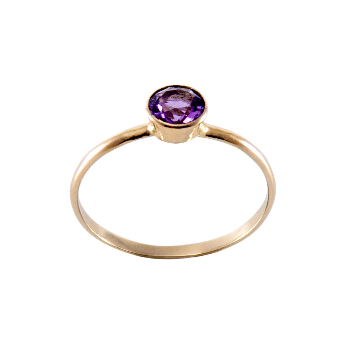 A beautiful Pink Amethyst Bezel 14k Gold Filled Ring showcasing a round brilliant cut Brazilian amethyst in a tapered bezel setting.