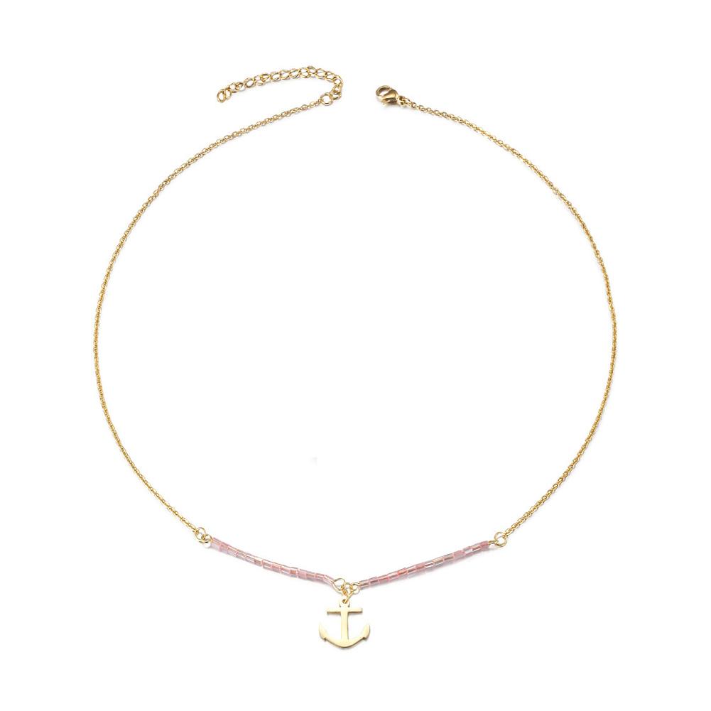 A beautiful pink beaded anchor pendant necklace made from stainless steel with gold plating, showcasing elegance and durability.