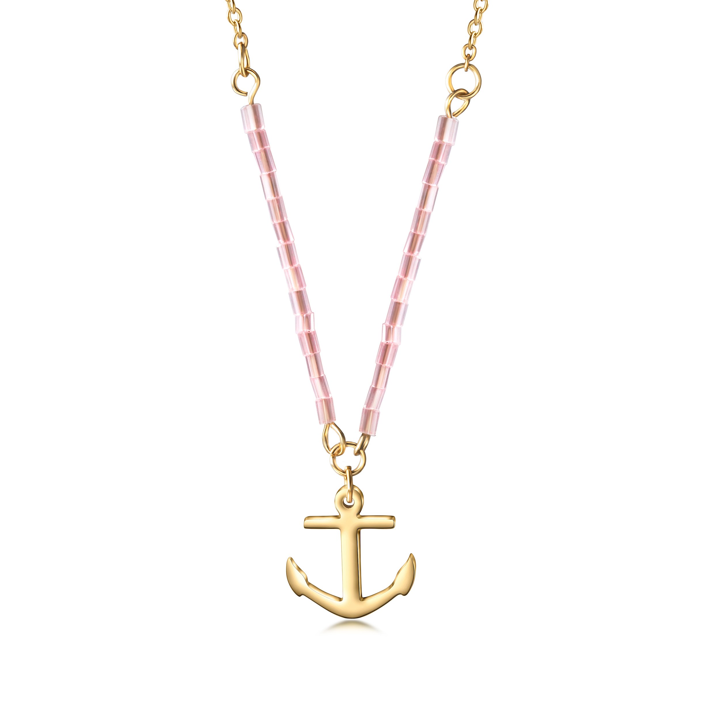 A beautiful pink beaded anchor pendant necklace made from stainless steel with gold plating, showcasing elegance and durability.