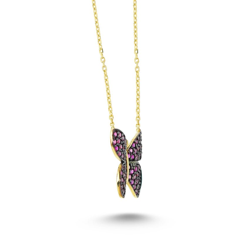 A beautiful Pink Butterfly Silver Necklace featuring a sparkling CZ crystal pendant, handmade from 925 sterling silver.