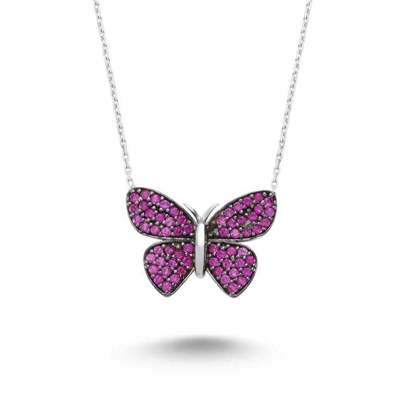 A beautiful Pink Butterfly Silver Necklace featuring a sparkling CZ crystal pendant, handmade from 925 sterling silver.