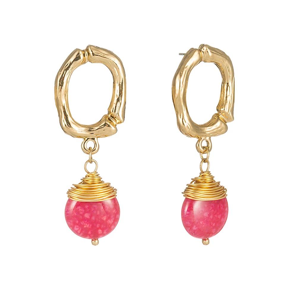 A pair of elegant pink dangle earrings featuring a pink acrylic stone and 14k gold plating, beautifully displayed in a gift box.