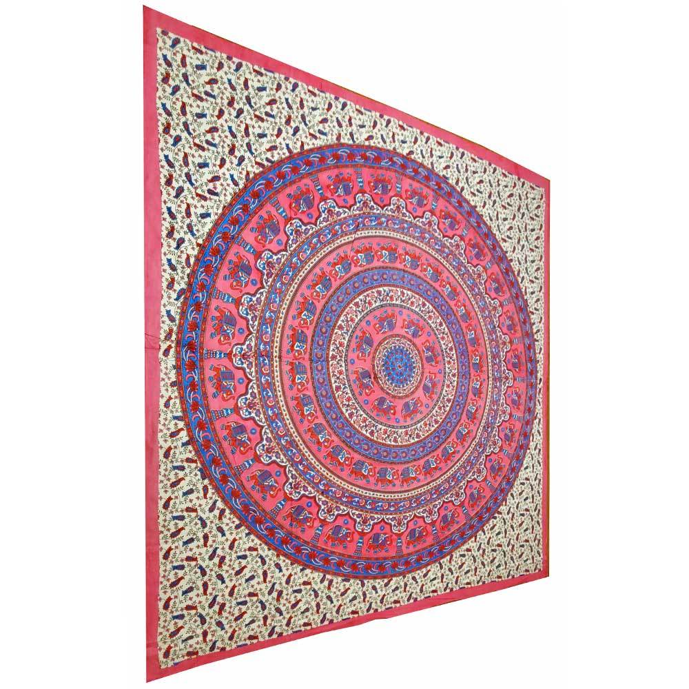 A vibrant pink elephant mandala tapestry featuring intricate floral designs, perfect for bohemian decor.