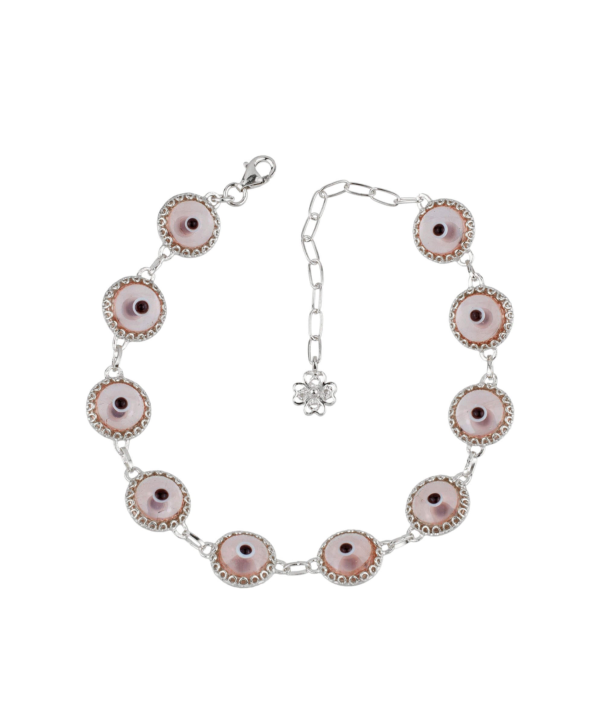 A stylish Pink Evil Eye Sterling Silver Adjustable Link Bracelet featuring a strong rolo chain and protective evil eye beads.