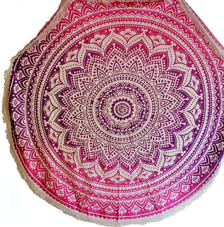 Pink Ombre Round Mandala Tapestry with intricate lace trim, showcasing its vibrant colors and round shape.