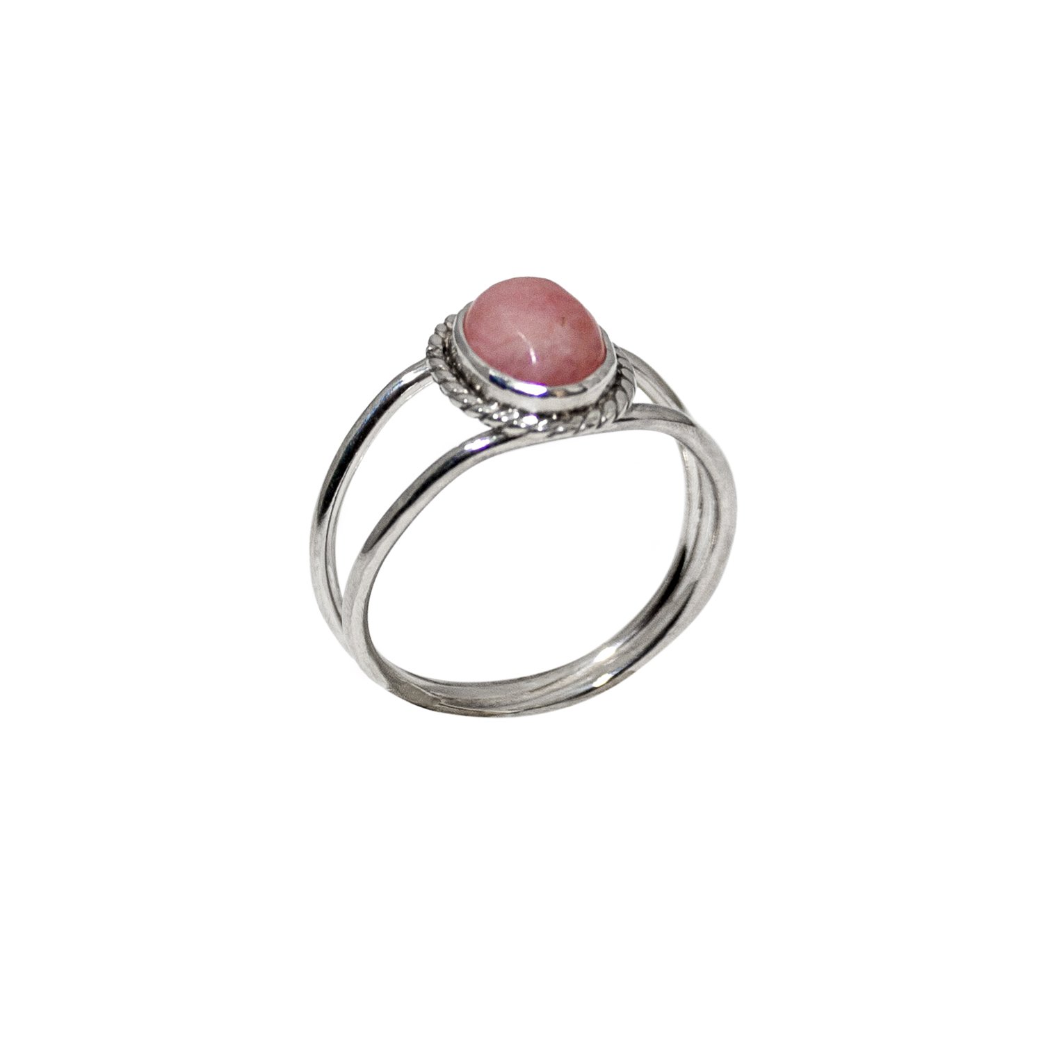 Elegant Pink Opal Oval Double Band Sterling Silver Ring featuring a soft pink gemstone in a twist patterned bezel setting.