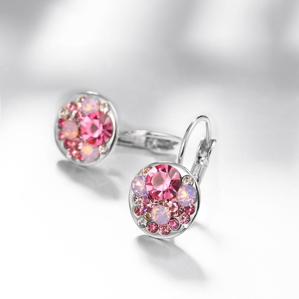 Elegant Pink Periwinkle Leverback Earrings crafted in 18K white gold, featuring certified crystals and a lightweight design.