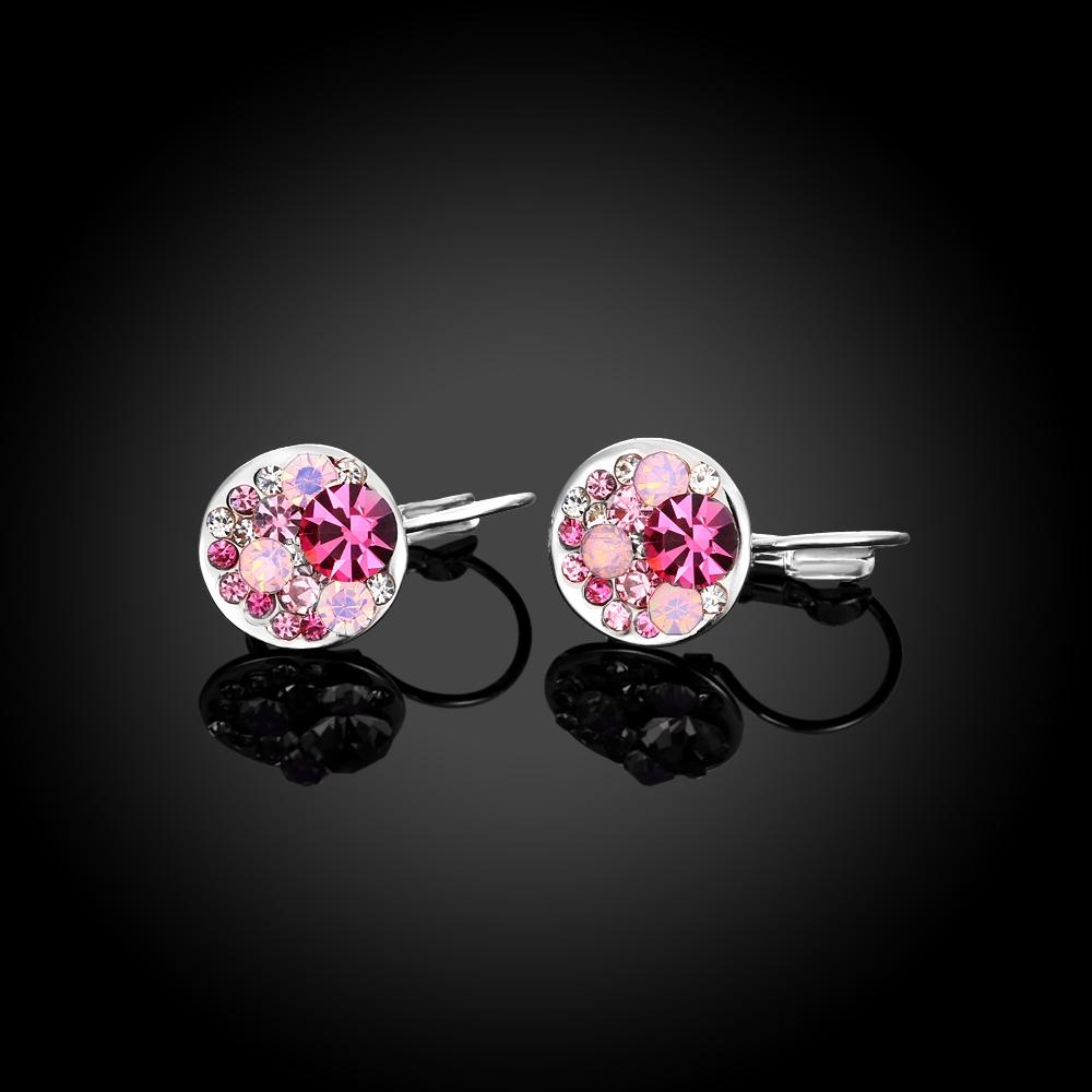 Elegant Pink Periwinkle Leverback Earrings crafted in 18K white gold, featuring certified crystals and a lightweight design.