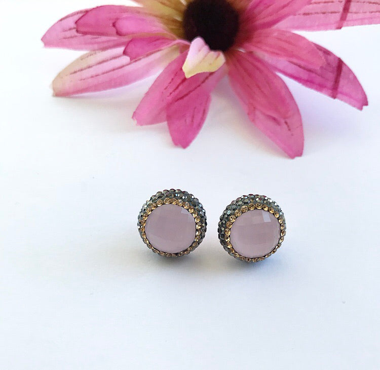 Elegant PINK Round Studs made from 925 Sterling Silver with light pink stones and yellow gold plating.