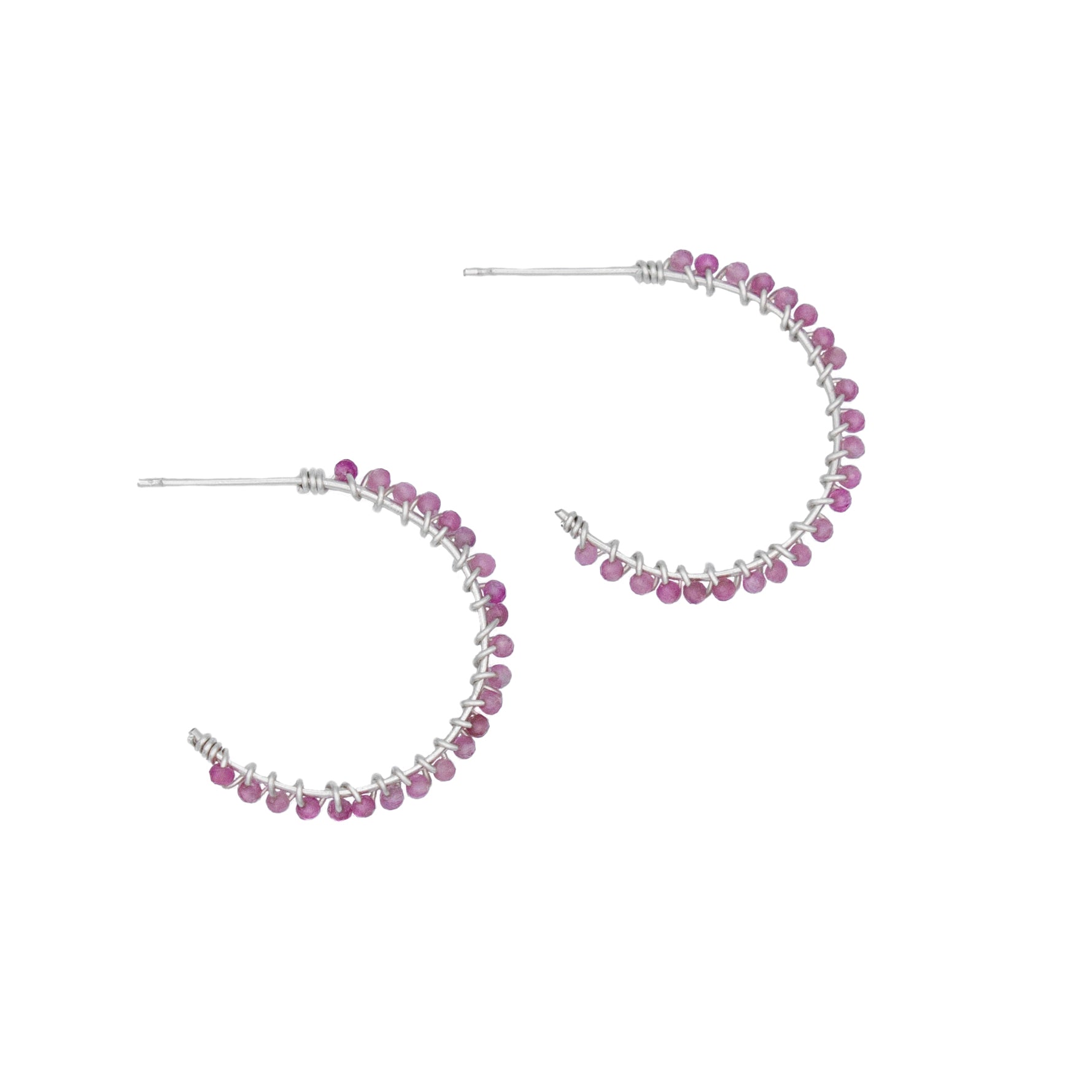 A pair of elegant pink tourmaline beaded sterling silver hoop earrings, featuring 2mm pink tourmaline beads and a 1-inch diameter hoop design.