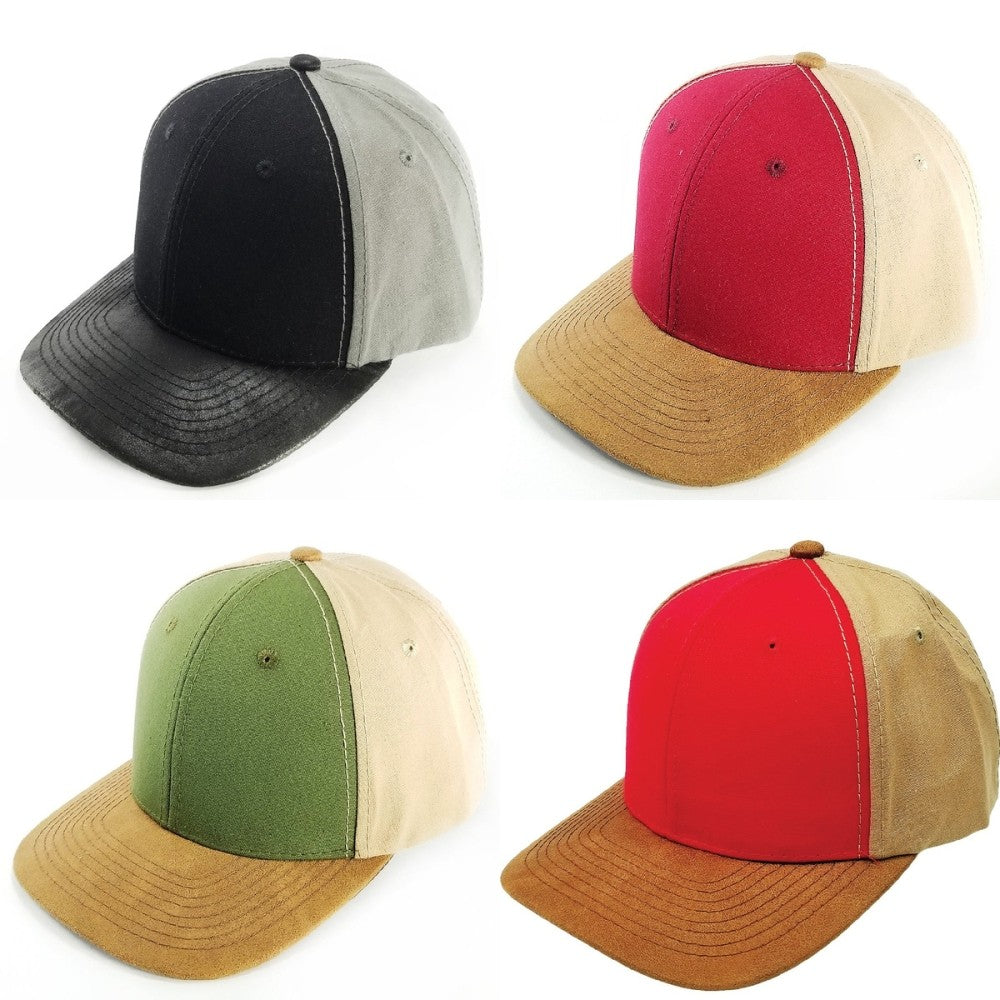 A pack of six Plain Oxford PU Visor Hats featuring a high profile and flat visor, made from a cotton-polyester blend.