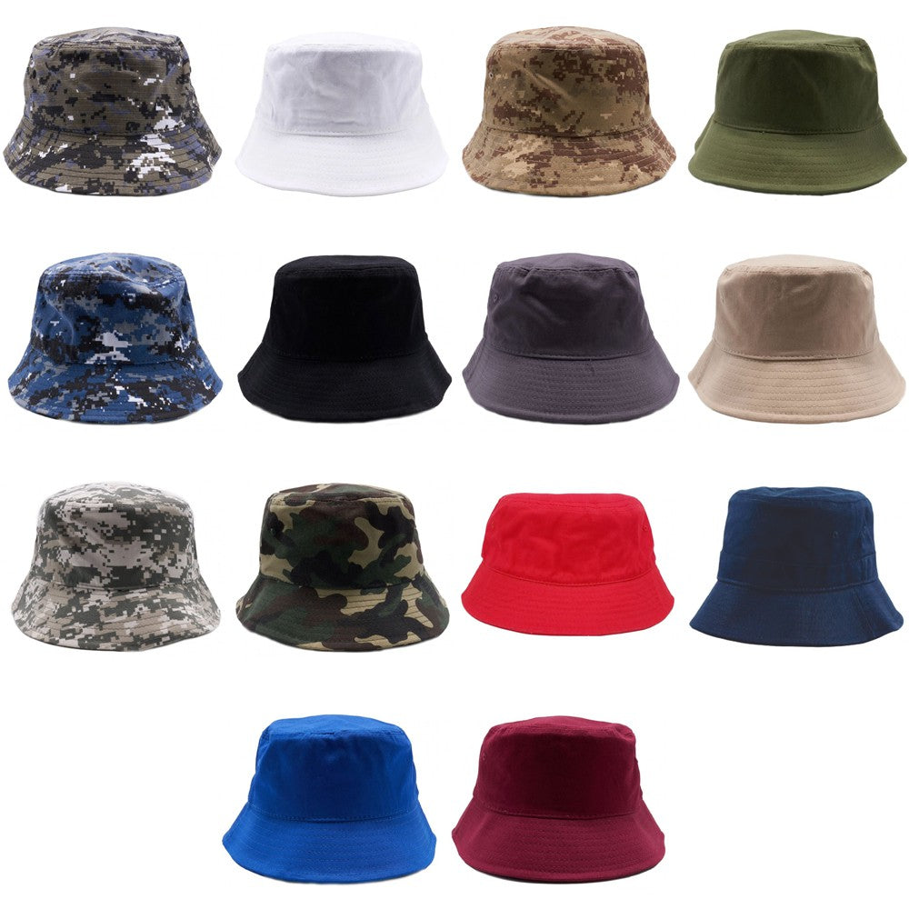 A pack of six plain washed cotton fisherman bucket hats in various colors, showcasing their classic design and comfortable fabric.