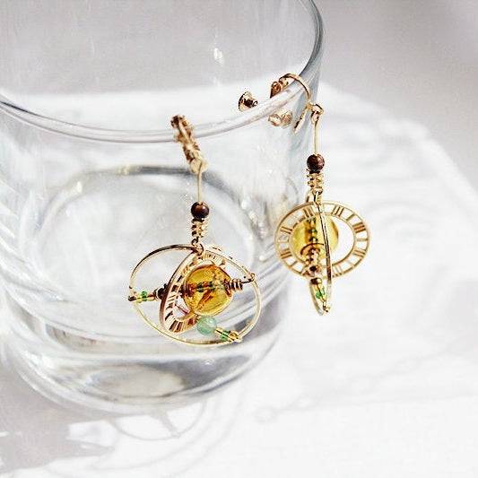 Elegant Planet Saturn Universe Theme Orb Shape Drop Earrings featuring glass orbs and gold-plated bronze, perfect for celestial-themed jewelry lovers.