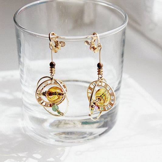 Elegant Planet Saturn Universe Theme Orb Shape Drop Earrings featuring glass orbs and gold-plated bronze, perfect for celestial-themed jewelry lovers.