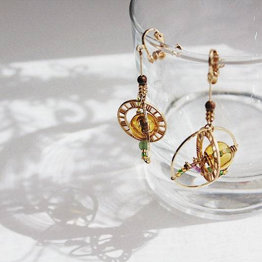 Elegant Planet Saturn Universe Theme Orb Shape Drop Earrings featuring glass orbs and gold-plated bronze, perfect for celestial-themed jewelry lovers.