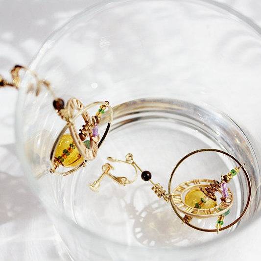 Elegant Planet Saturn Universe Theme Orb Shape Drop Earrings featuring glass orbs and gold-plated bronze, perfect for celestial-themed jewelry lovers.